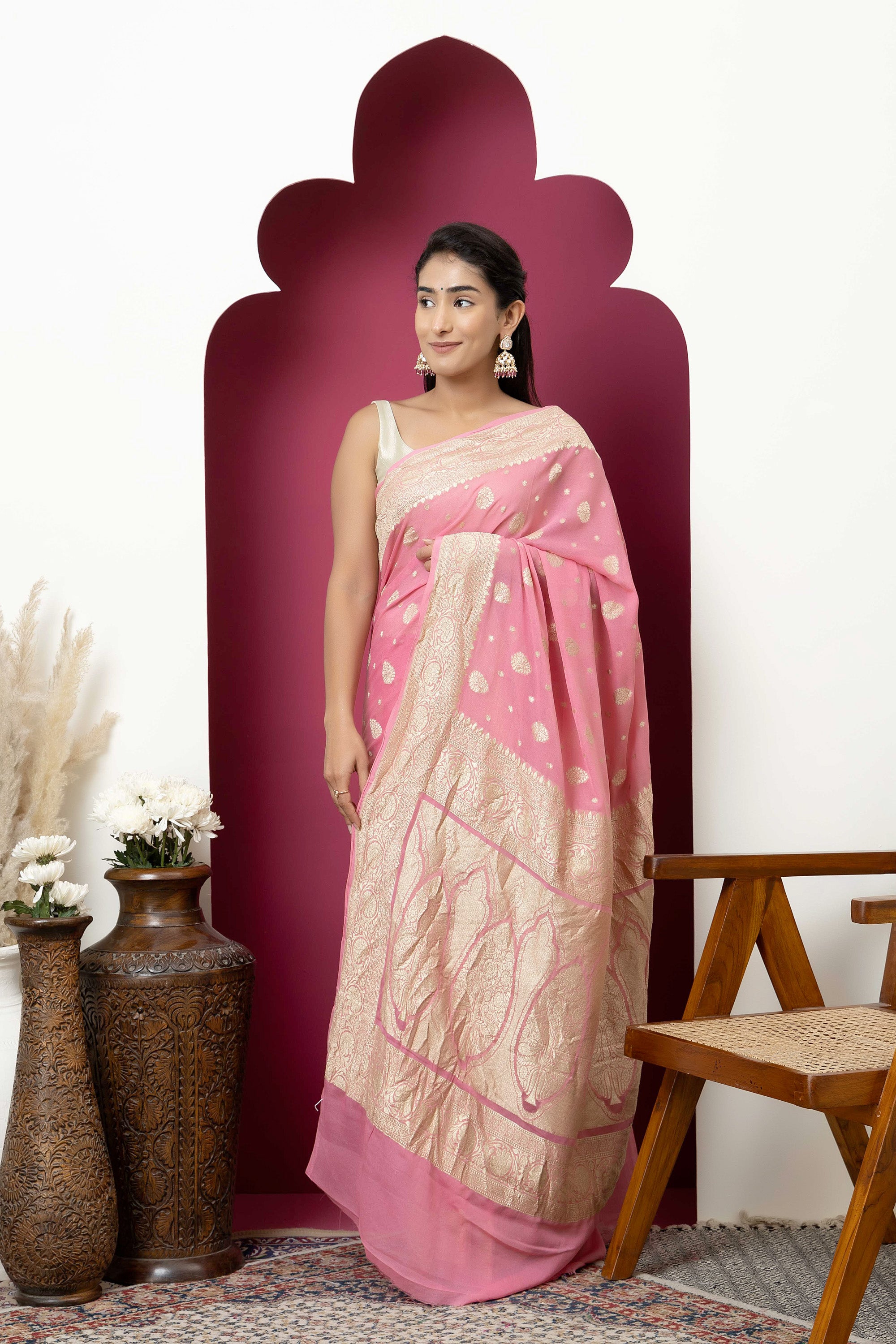 Banarasi pure silk khaddi georgette pink saree with zari Bute, zari pallu