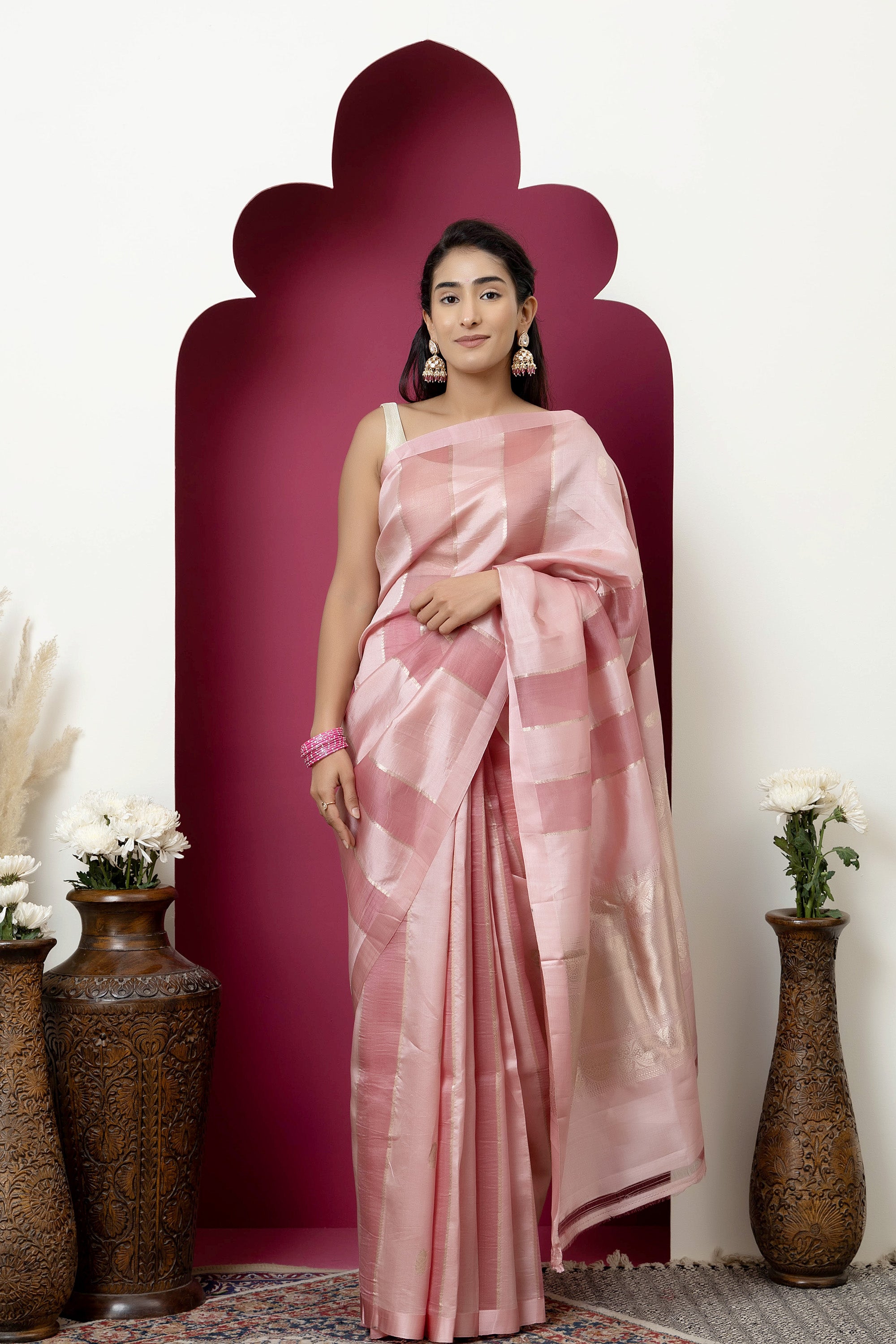 Banarasi Handloom beautiful pink pure katan silk saree with alternate broad stripe of organza, self silk border and zari pallu