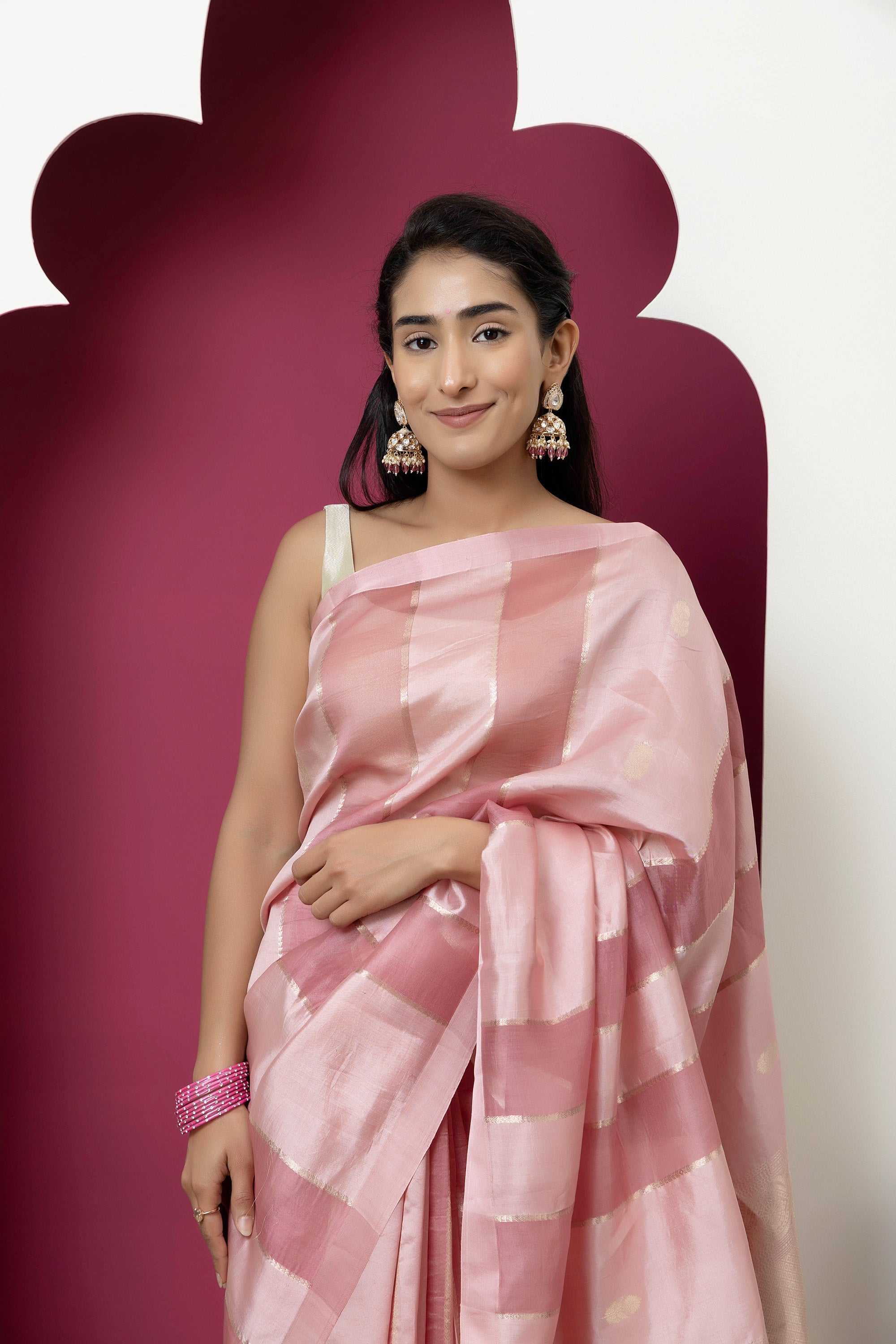 Banarasi Handloom beautiful pink pure katan silk saree with alternate broad stripe of organza, self silk border and zari pallu