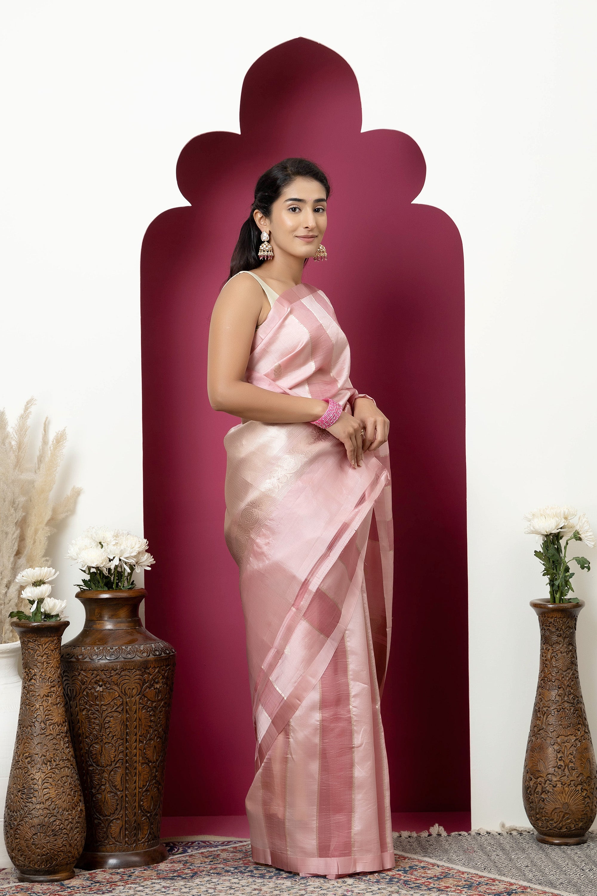 Banarasi Handloom beautiful pink pure katan silk saree with alternate broad stripe of organza, self silk border and zari pallu
