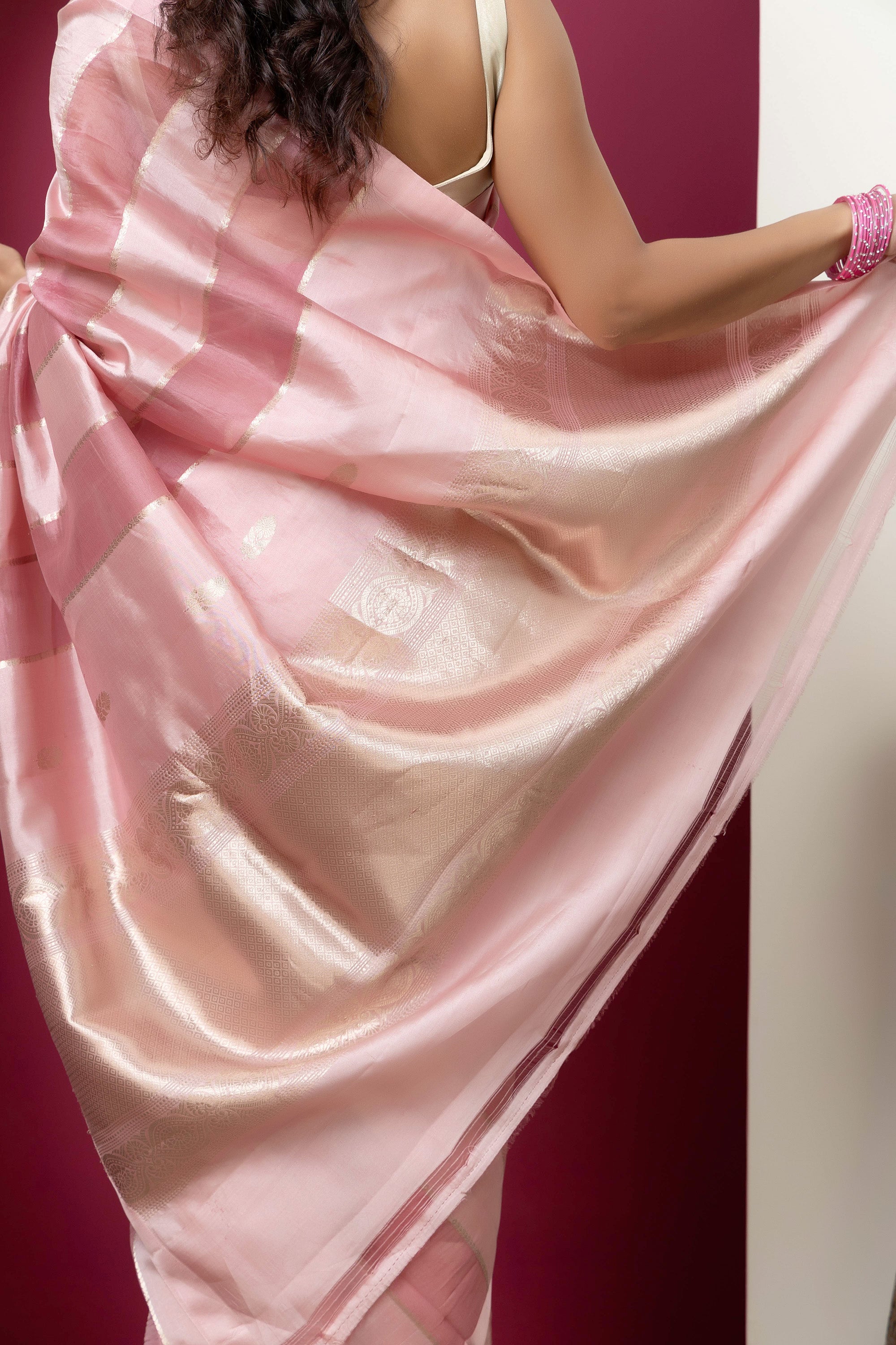 Banarasi Handloom beautiful pink pure katan silk saree with alternate broad stripe of organza, self silk border and zari pallu