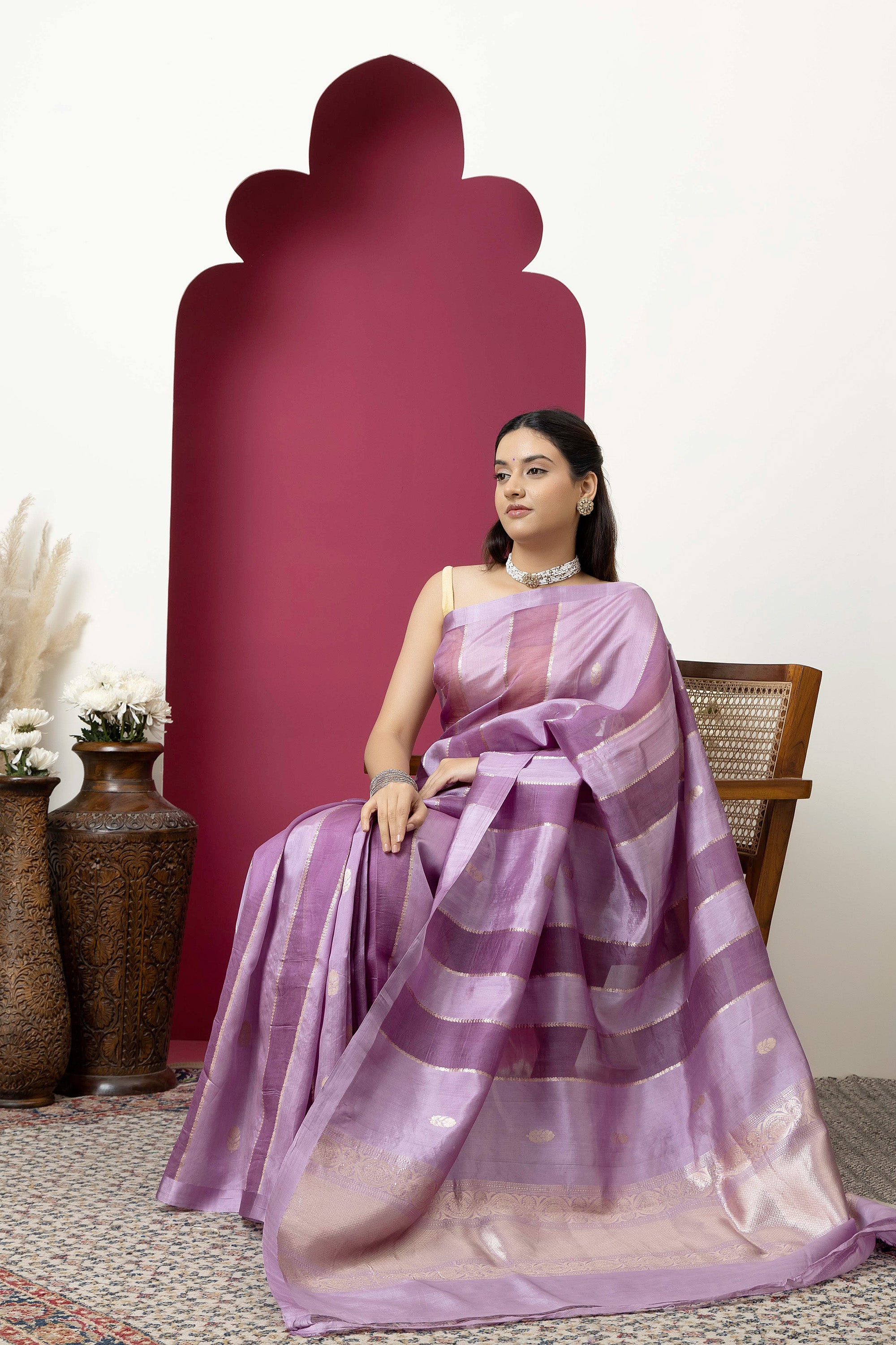 Banarasi Handloom beautiful light mauve pure katan silk saree with alternate broad stripe of organza, self silk border and zari pallu