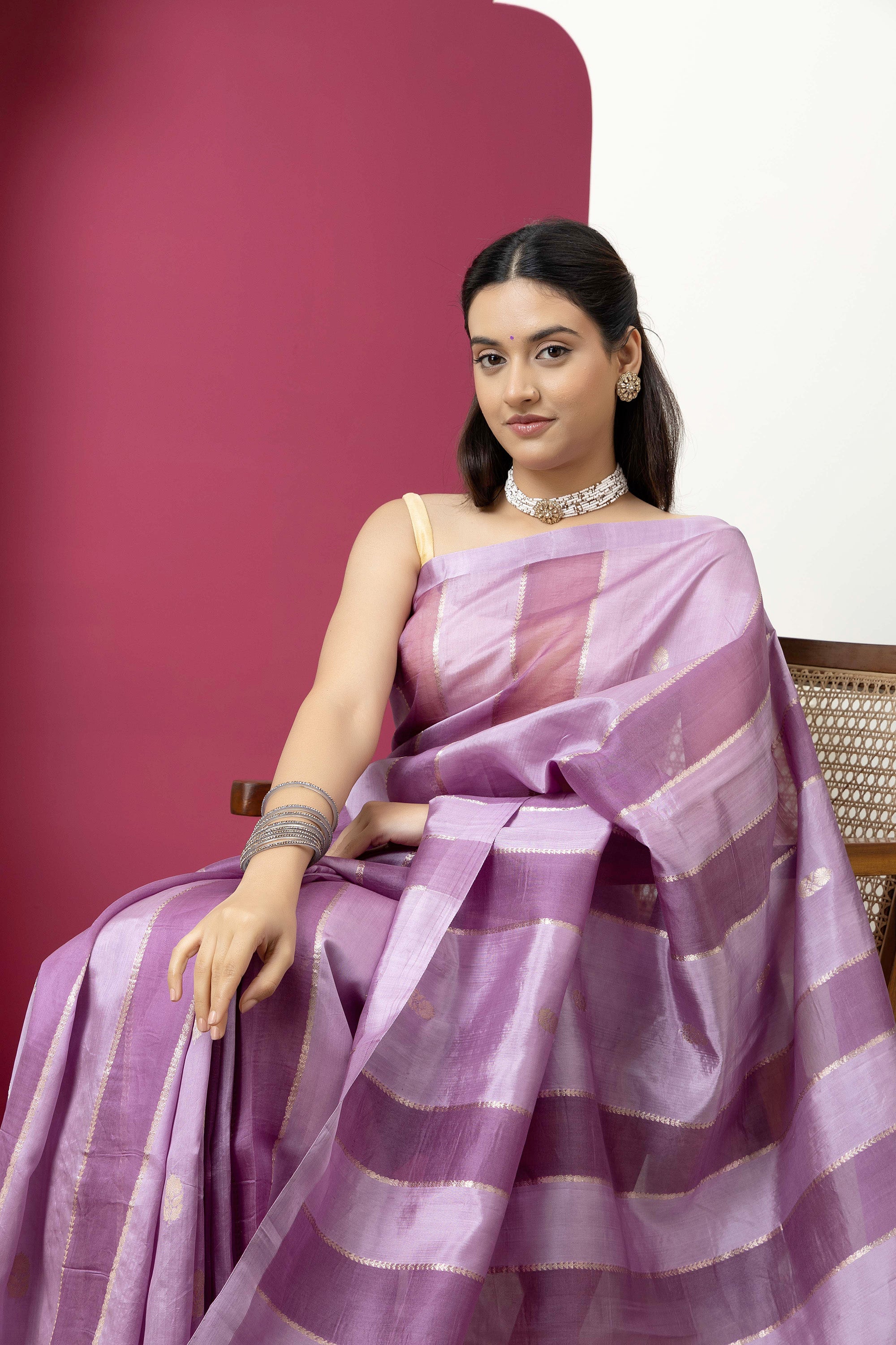 Banarasi Handloom beautiful light mauve pure katan silk saree with alternate broad stripe of organza, self silk border and zari pallu