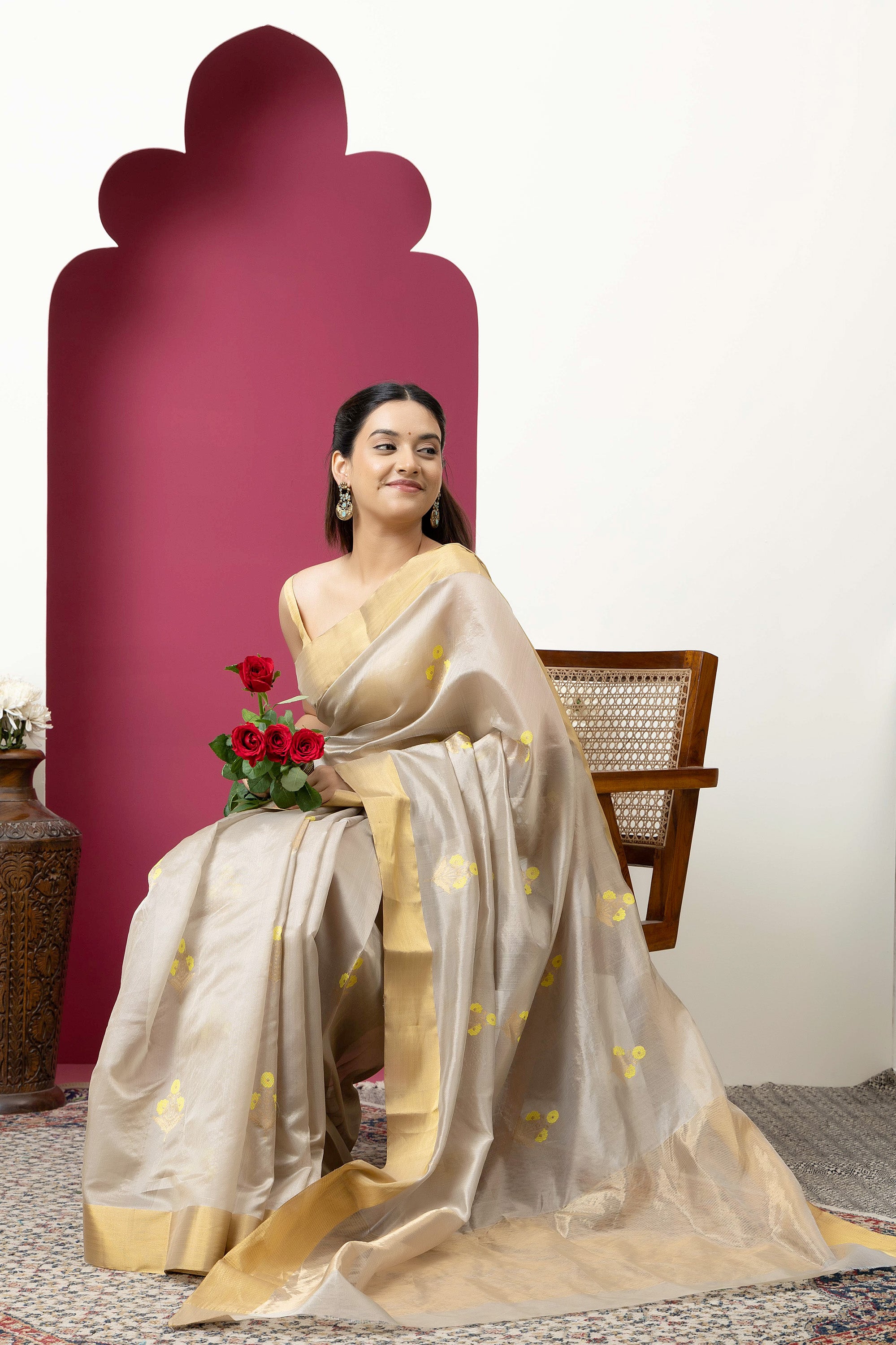 Chanderi handwoven pure silk beige saree with all-over golden and yellow weaved Buta design