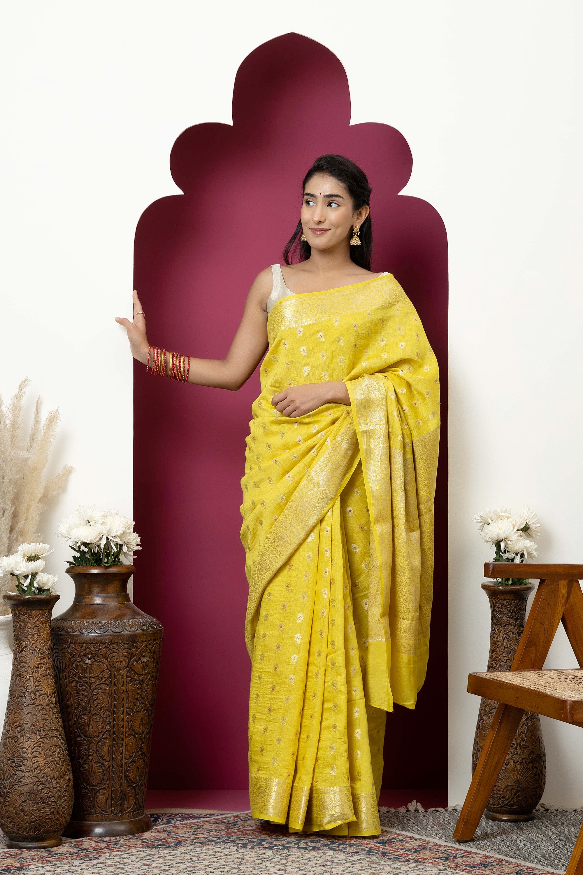 Banarasi pure Muga silk yellow saree with zari Bute, zari pallu