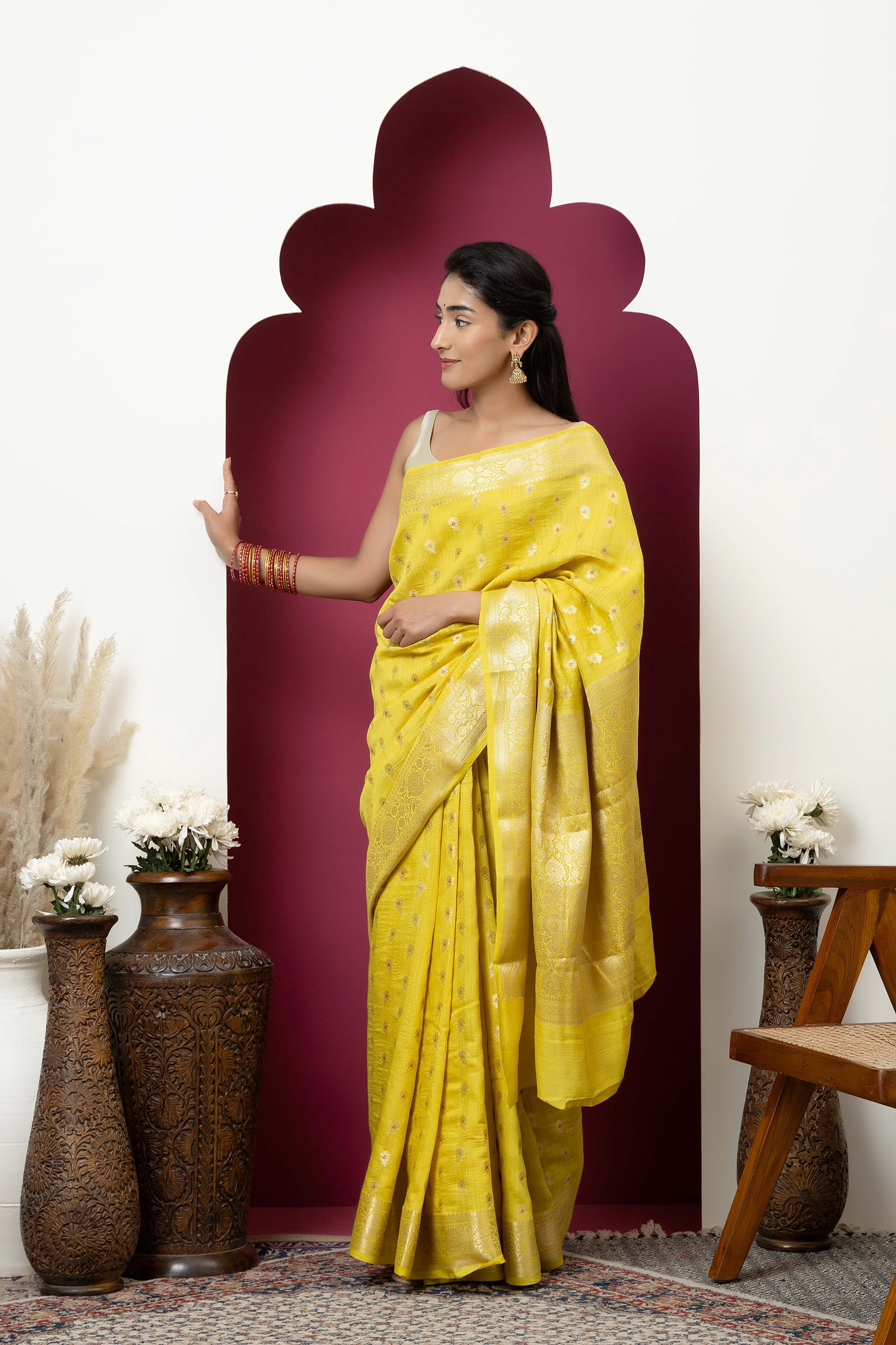 Banarasi pure Muga silk yellow saree with zari Bute, zari pallu