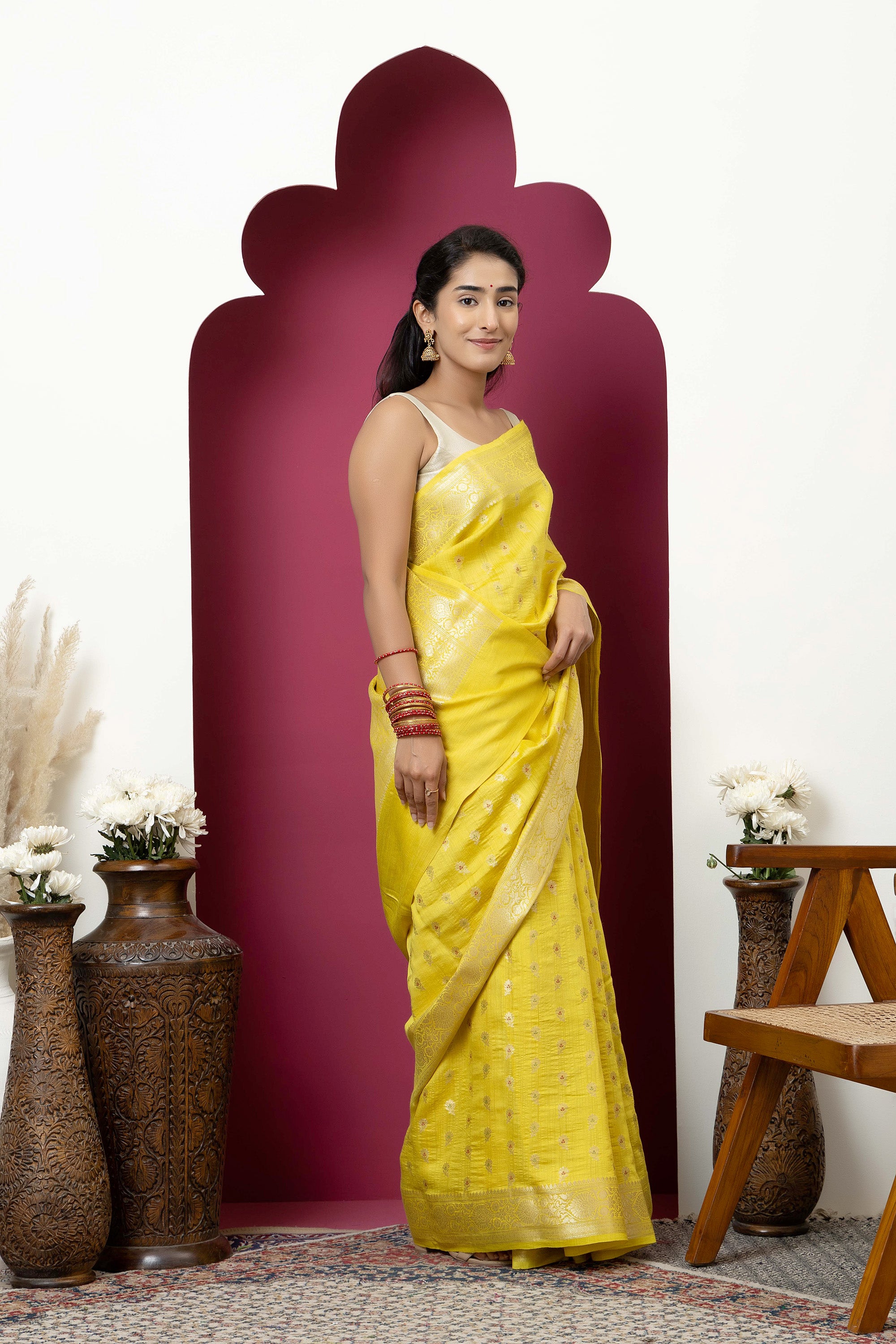 Banarasi pure Muga silk yellow saree with zari Bute, zari pallu