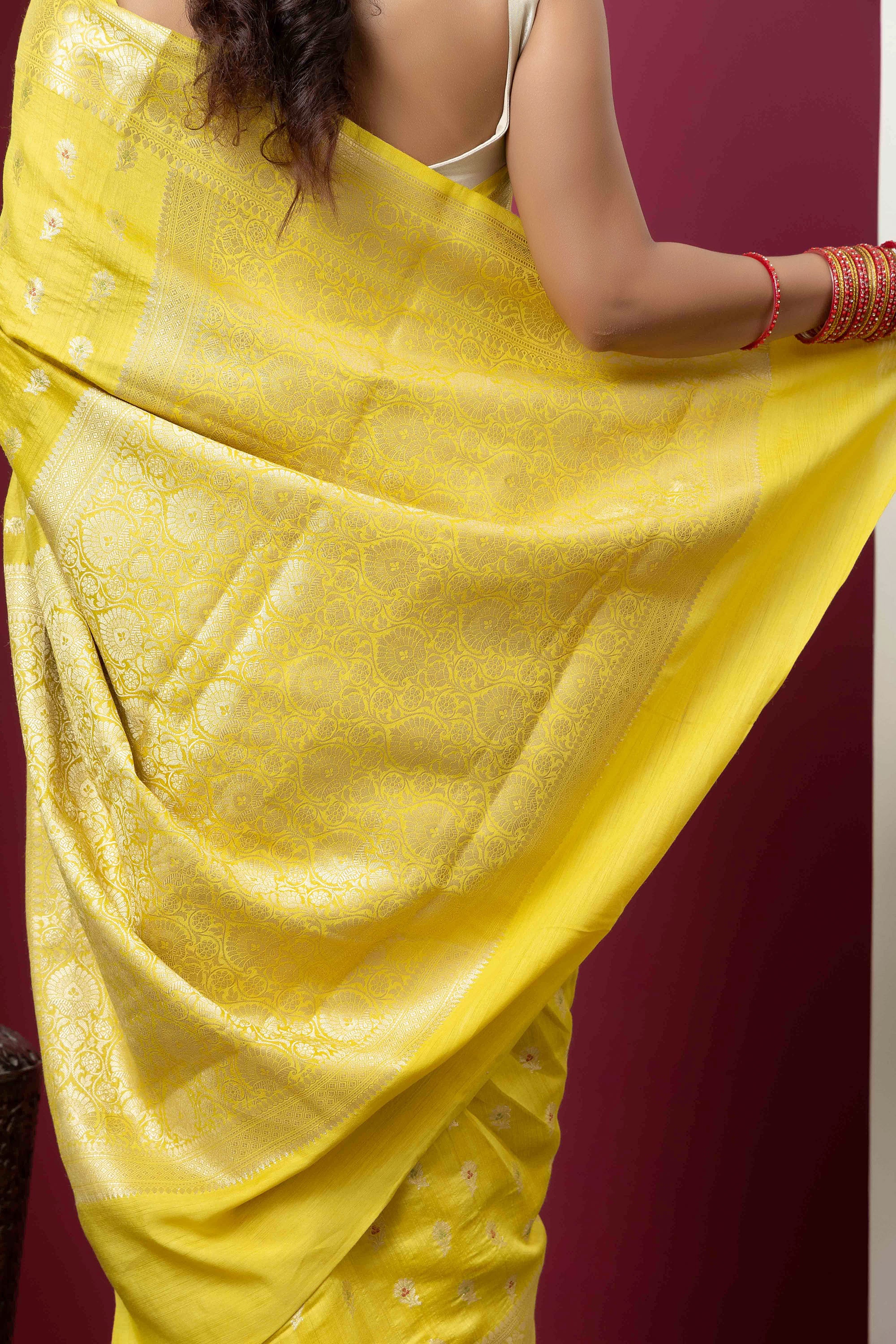 Banarasi pure Muga silk yellow saree with zari Bute, zari pallu