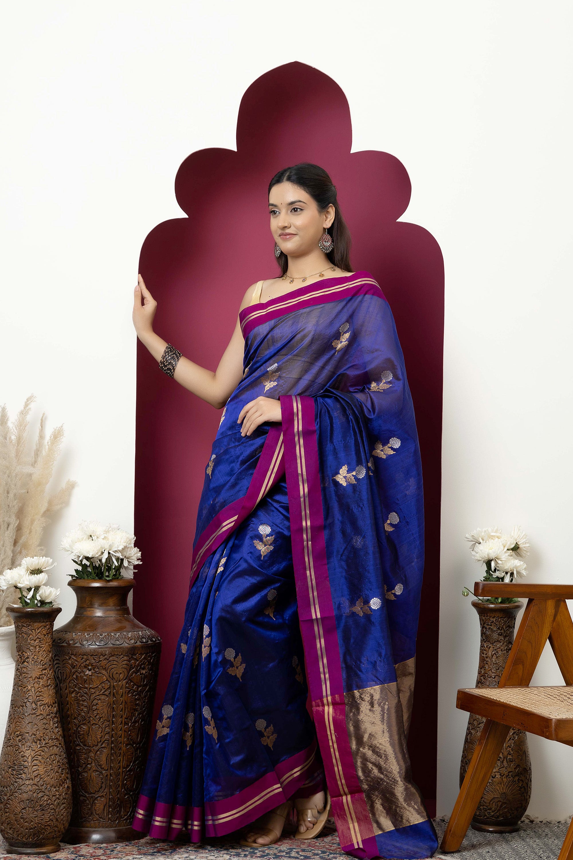 Chanderi handwoven pure silk deep purple saree with all-over large flower buta, contrast magenta border and zari pallu