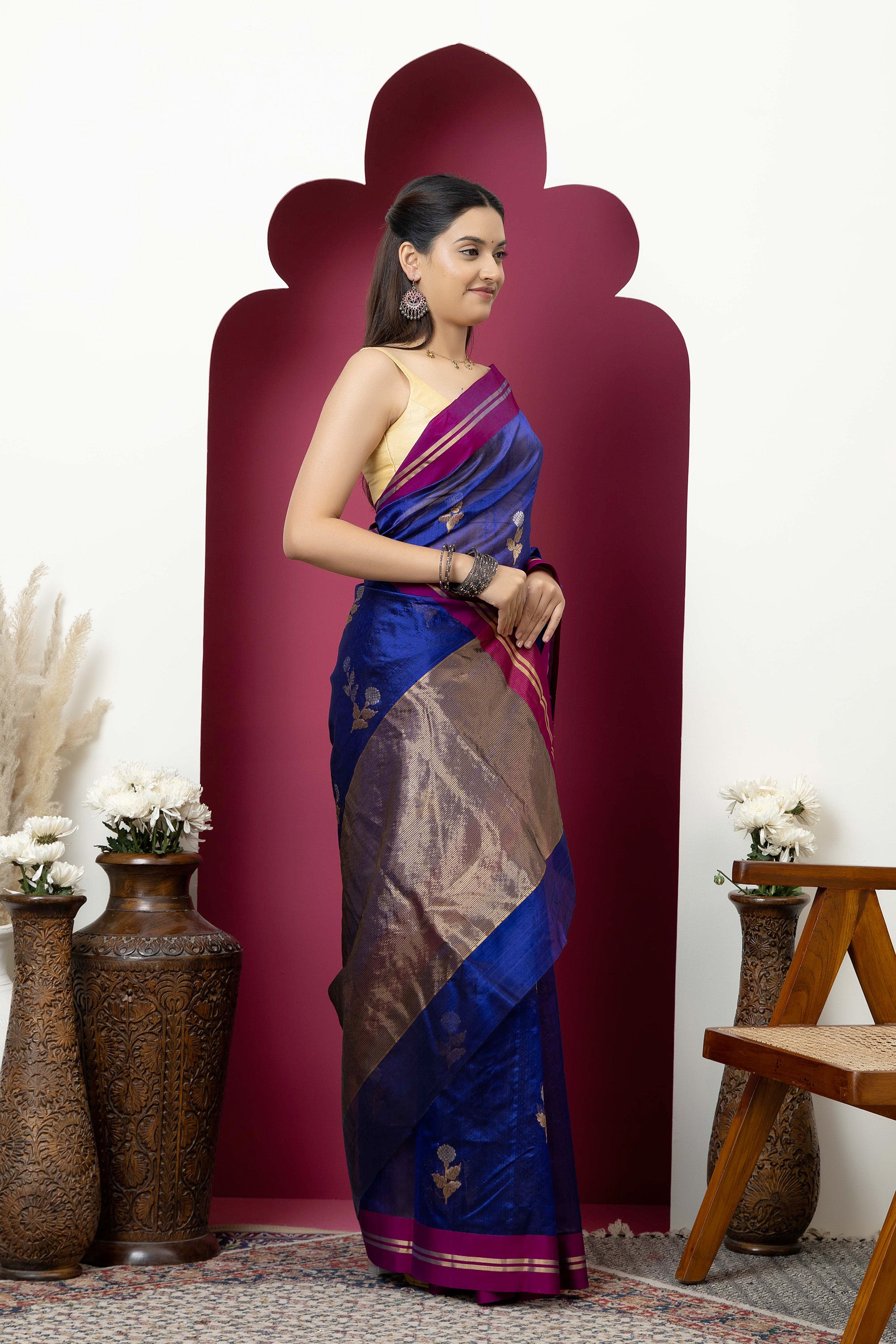 Chanderi handwoven pure silk deep purple saree with all-over large flower buta, contrast magenta border and zari pallu