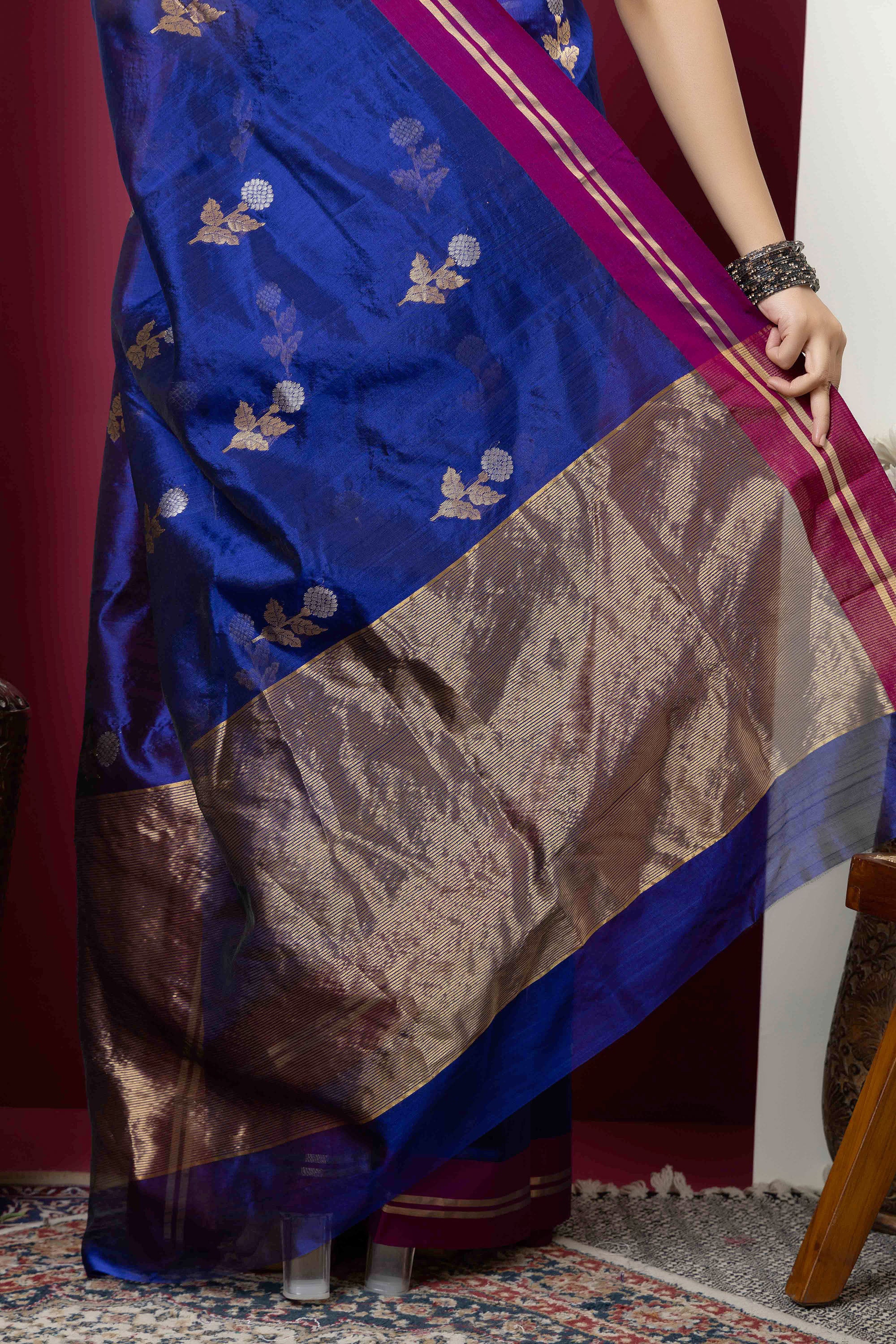 Chanderi handwoven pure silk deep purple saree with all-over large flower buta, contrast magenta border and zari pallu