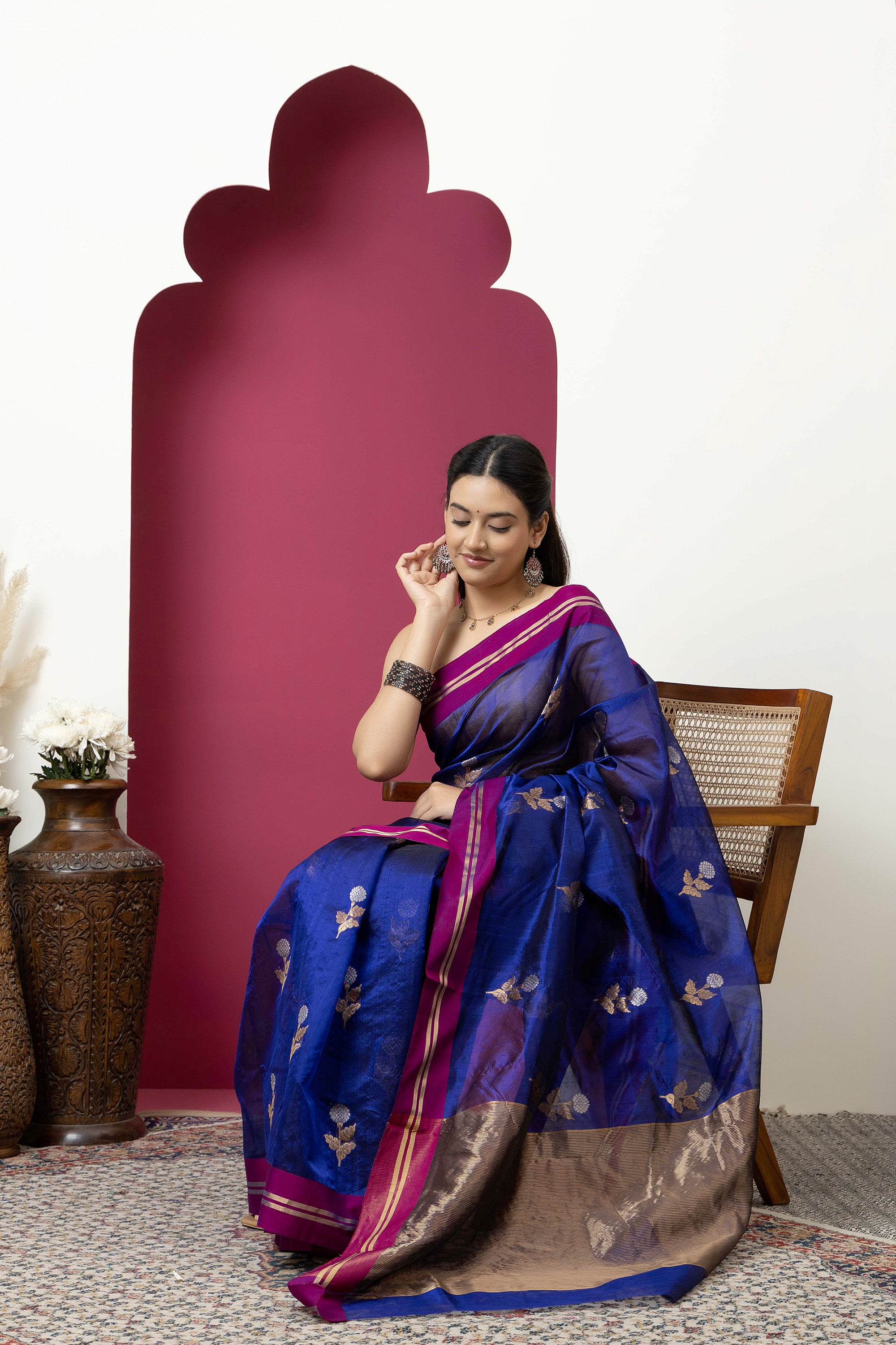 Chanderi handwoven pure silk deep purple saree with all-over large flower buta, contrast magenta border and zari pallu