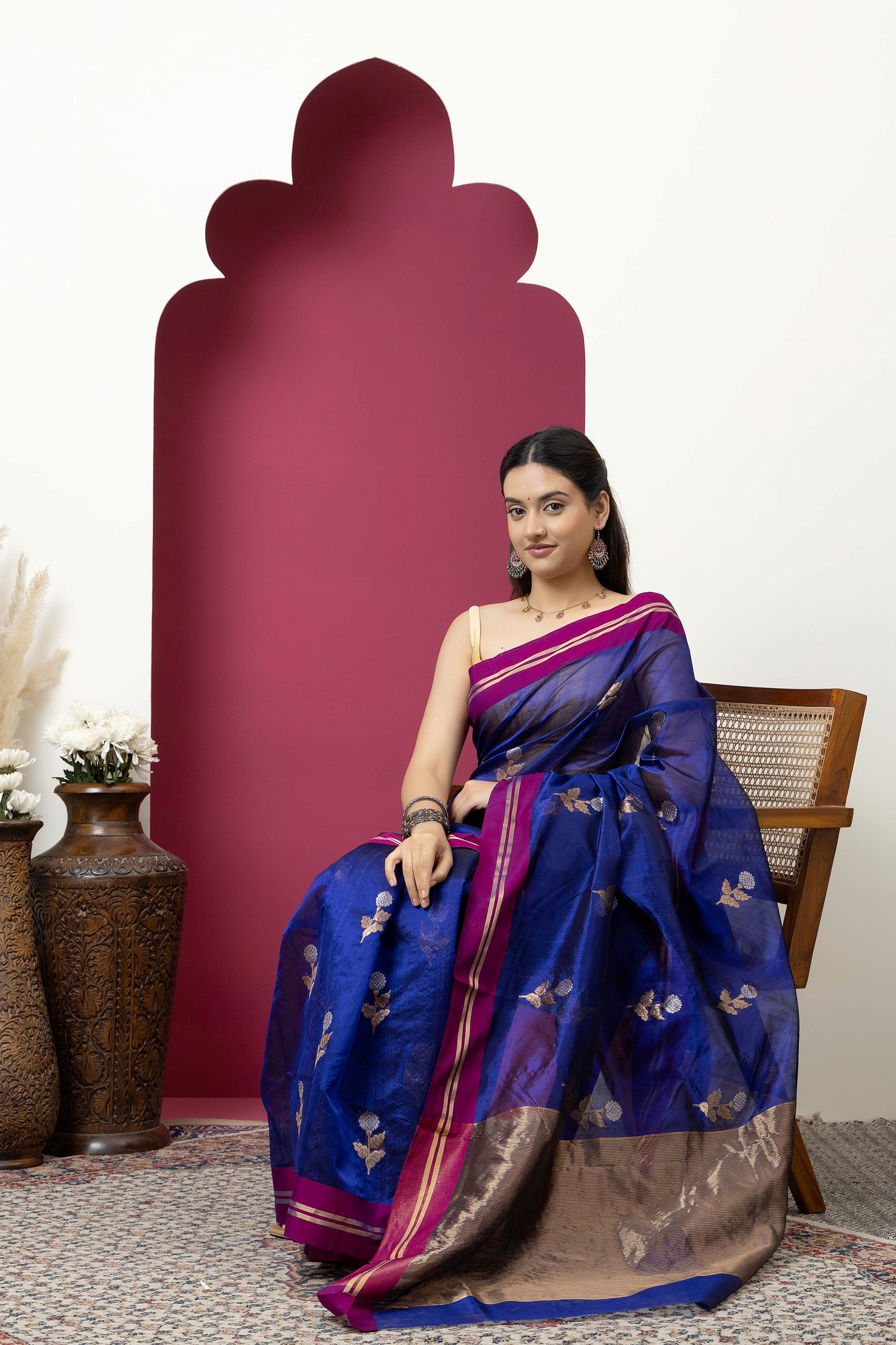 Chanderi handwoven pure silk deep purple saree with all-over large flower buta, contrast magenta border and zari pallu
