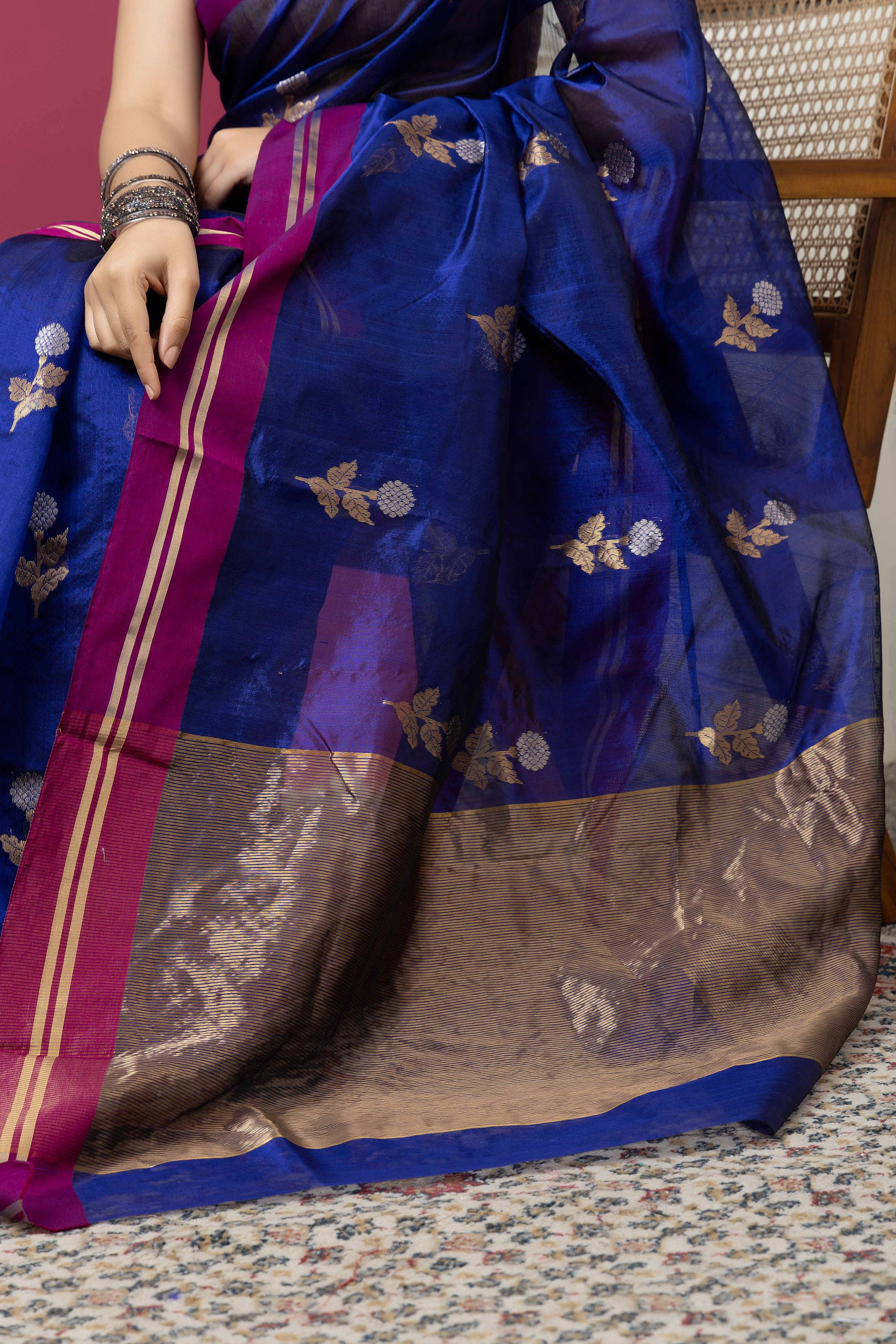 Chanderi handwoven pure silk deep purple saree with all-over large flower buta, contrast magenta border and zari pallu
