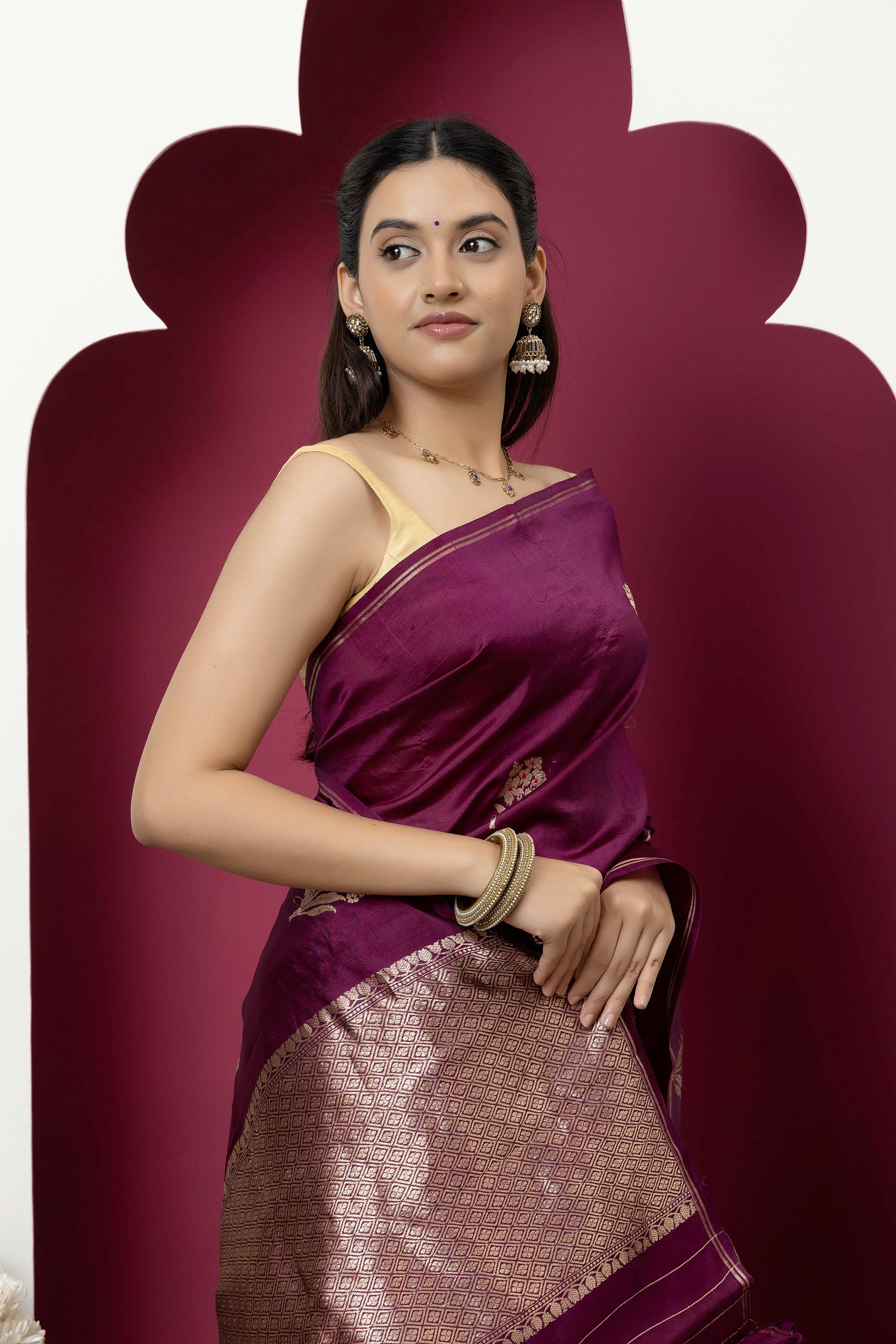 Banarasi Handloom pure silk wine /deep magenta saree with large bute , zari selvedge and zari border