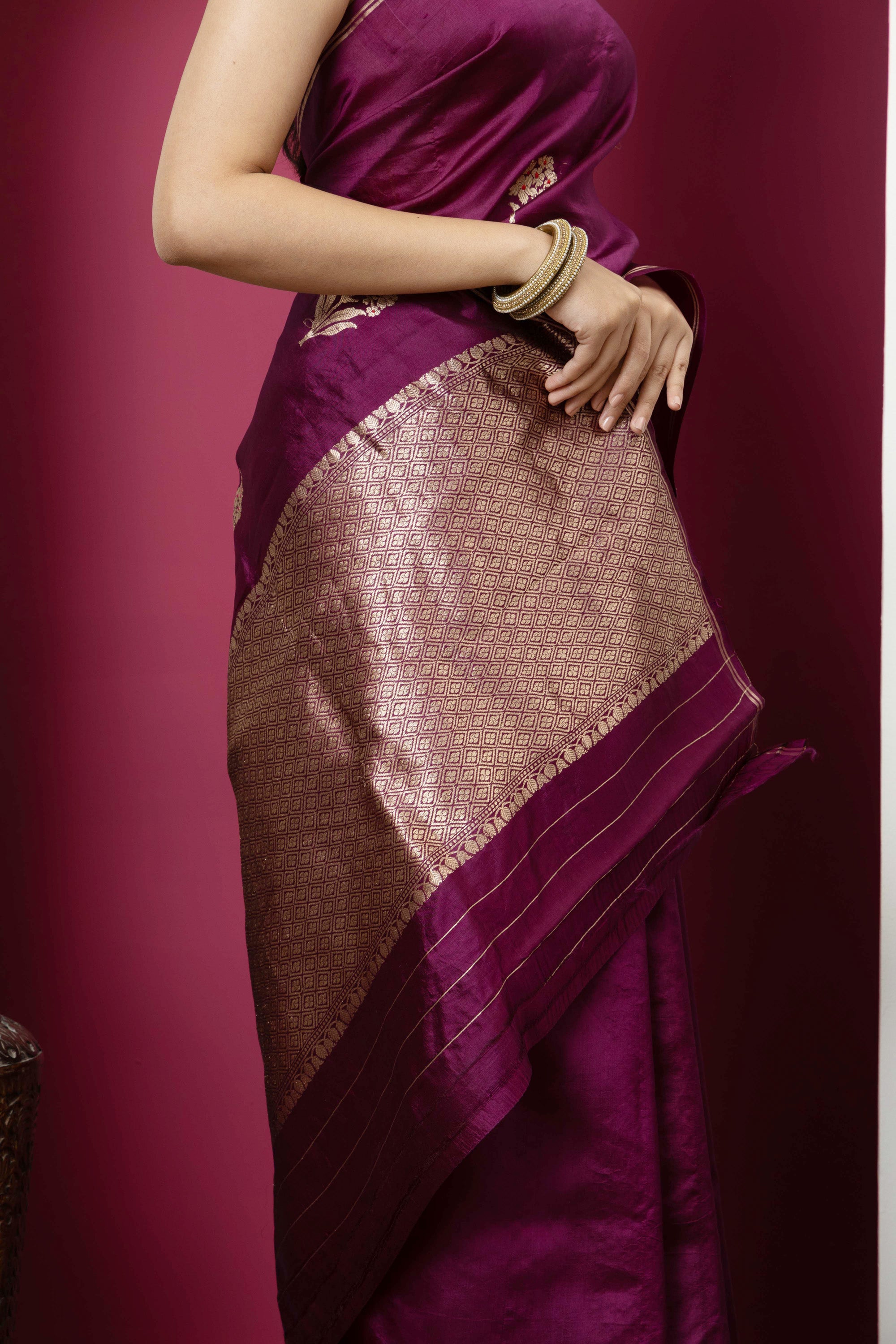 Banarasi Handloom pure silk wine /deep magenta saree with large bute , zari selvedge and zari border
