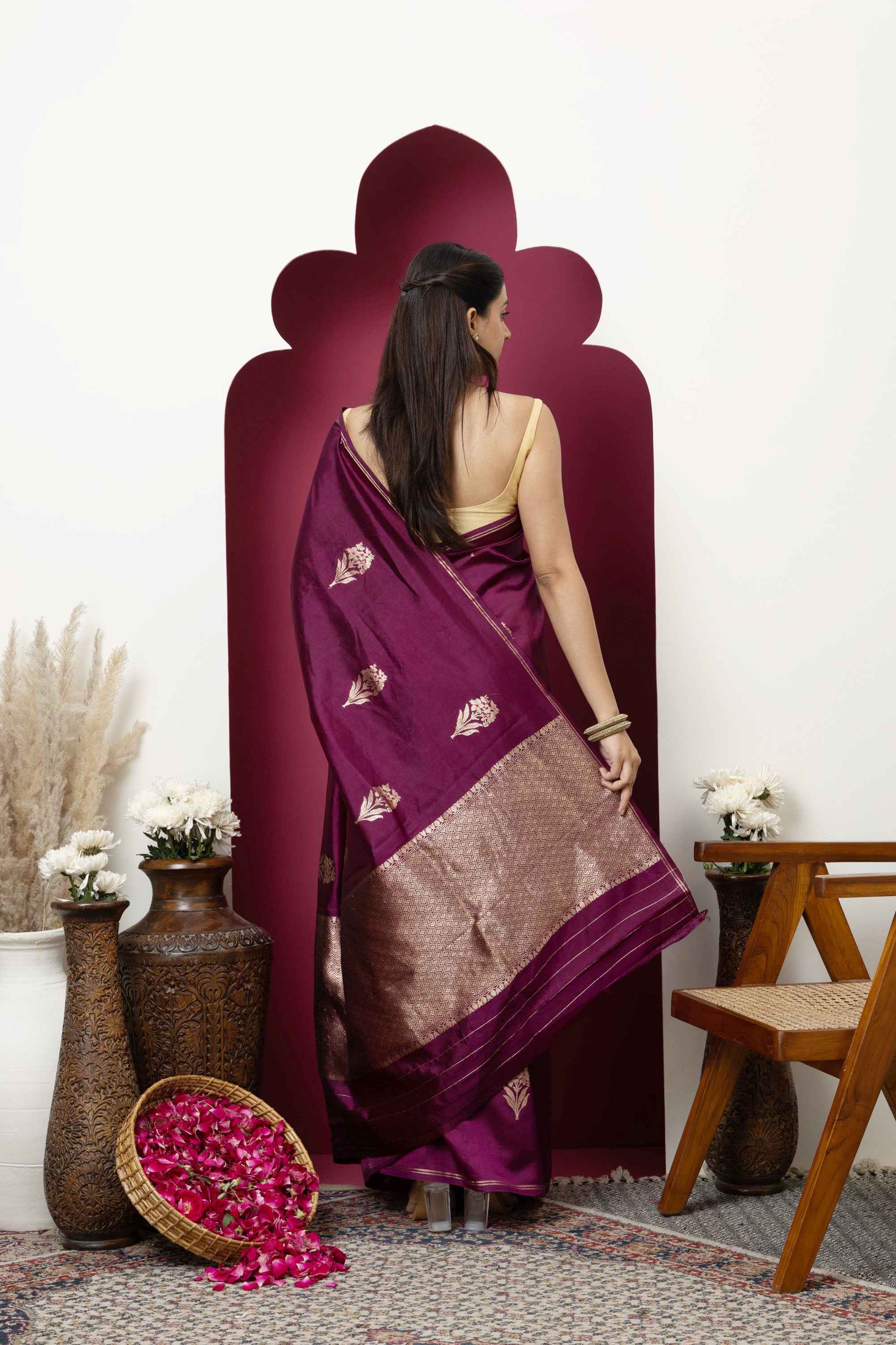 Banarasi Handloom pure silk wine /deep magenta saree with large bute , zari selvedge and zari border