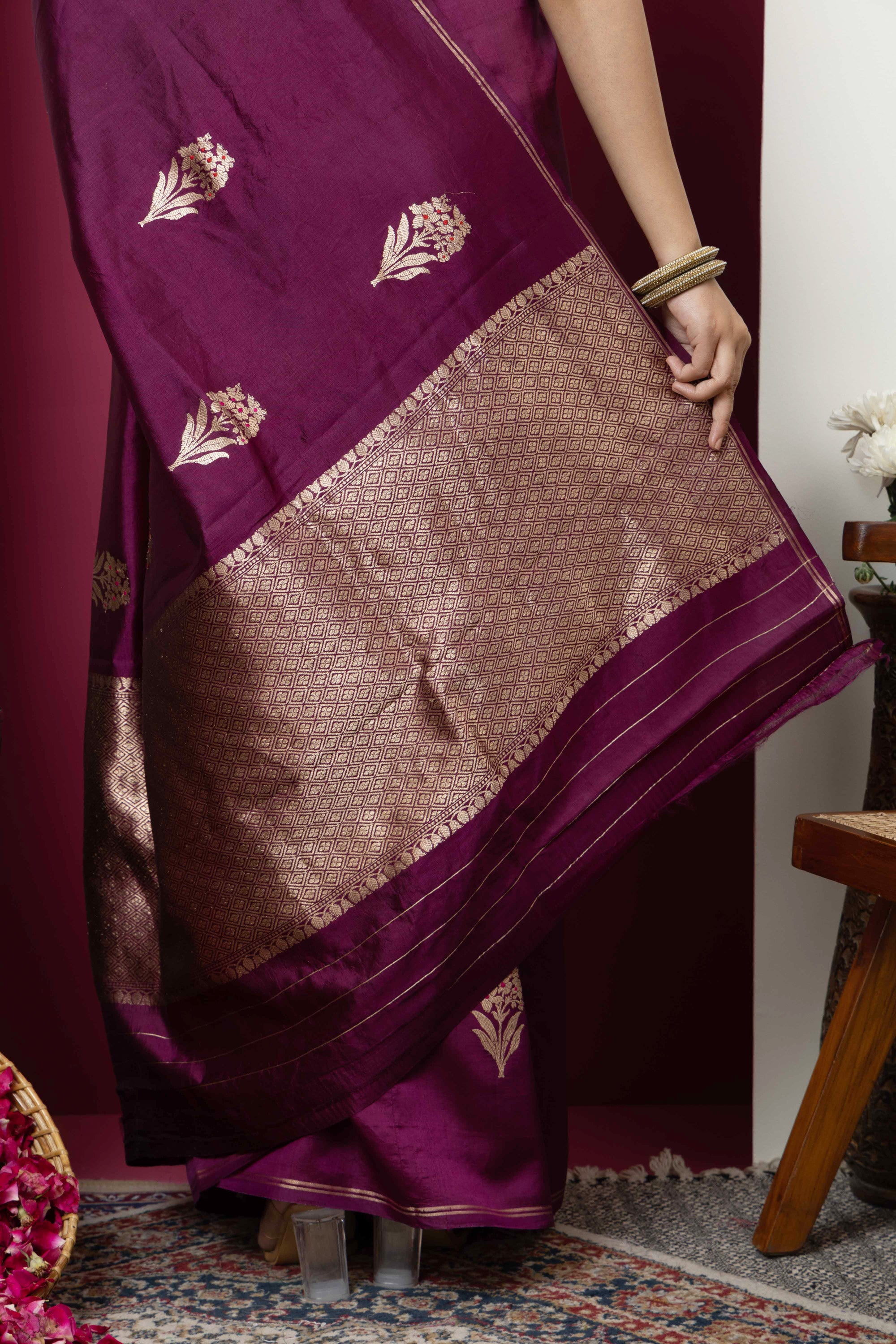 Banarasi Handloom pure silk wine /deep magenta saree with large bute , zari selvedge and zari border