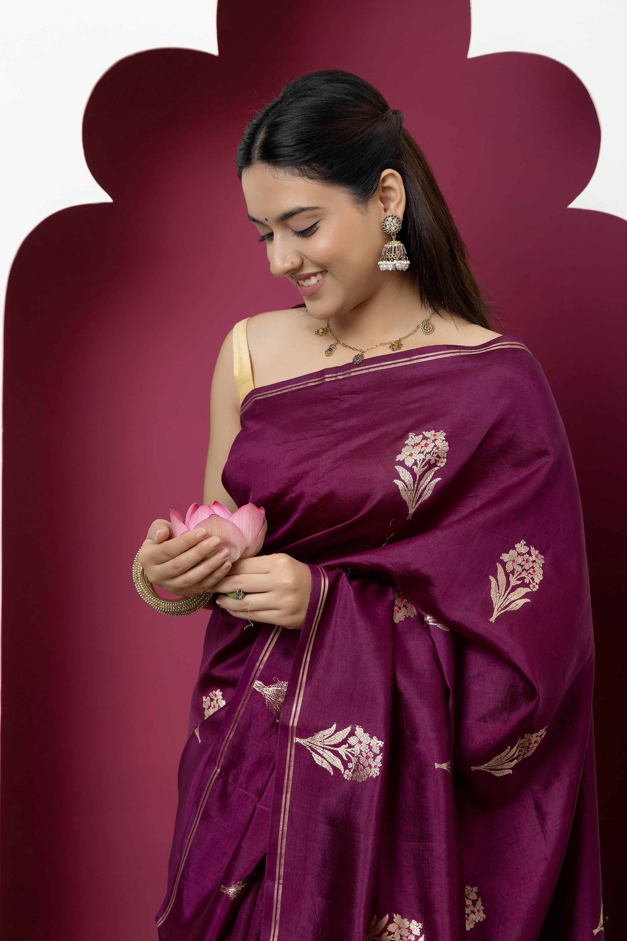 Banarasi Handloom pure silk wine /deep magenta saree with large bute , zari selvedge and zari border