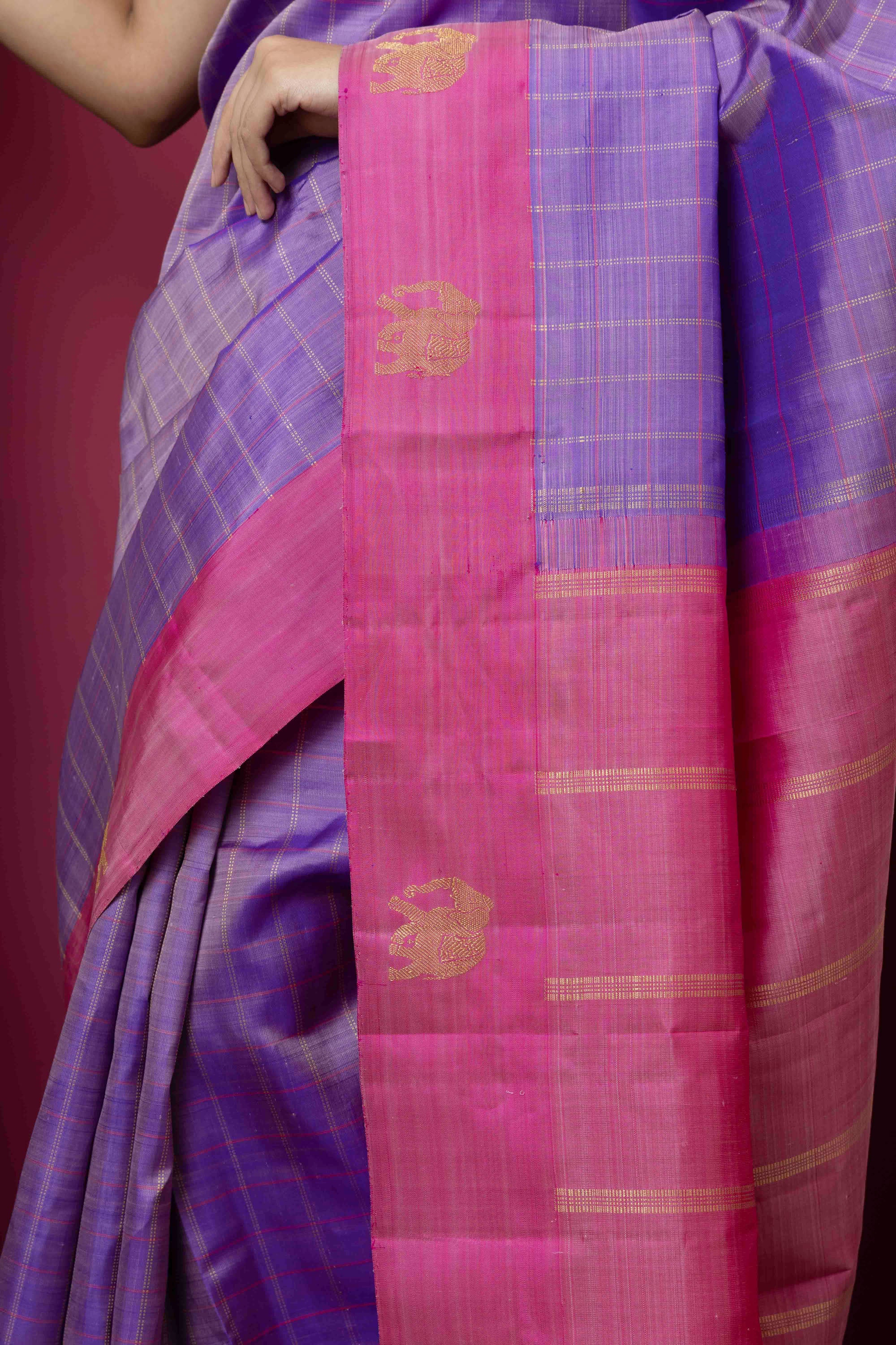 Kanjivaram handloom pure silk pure zari saree with lavender body and contrast pink border and pallu