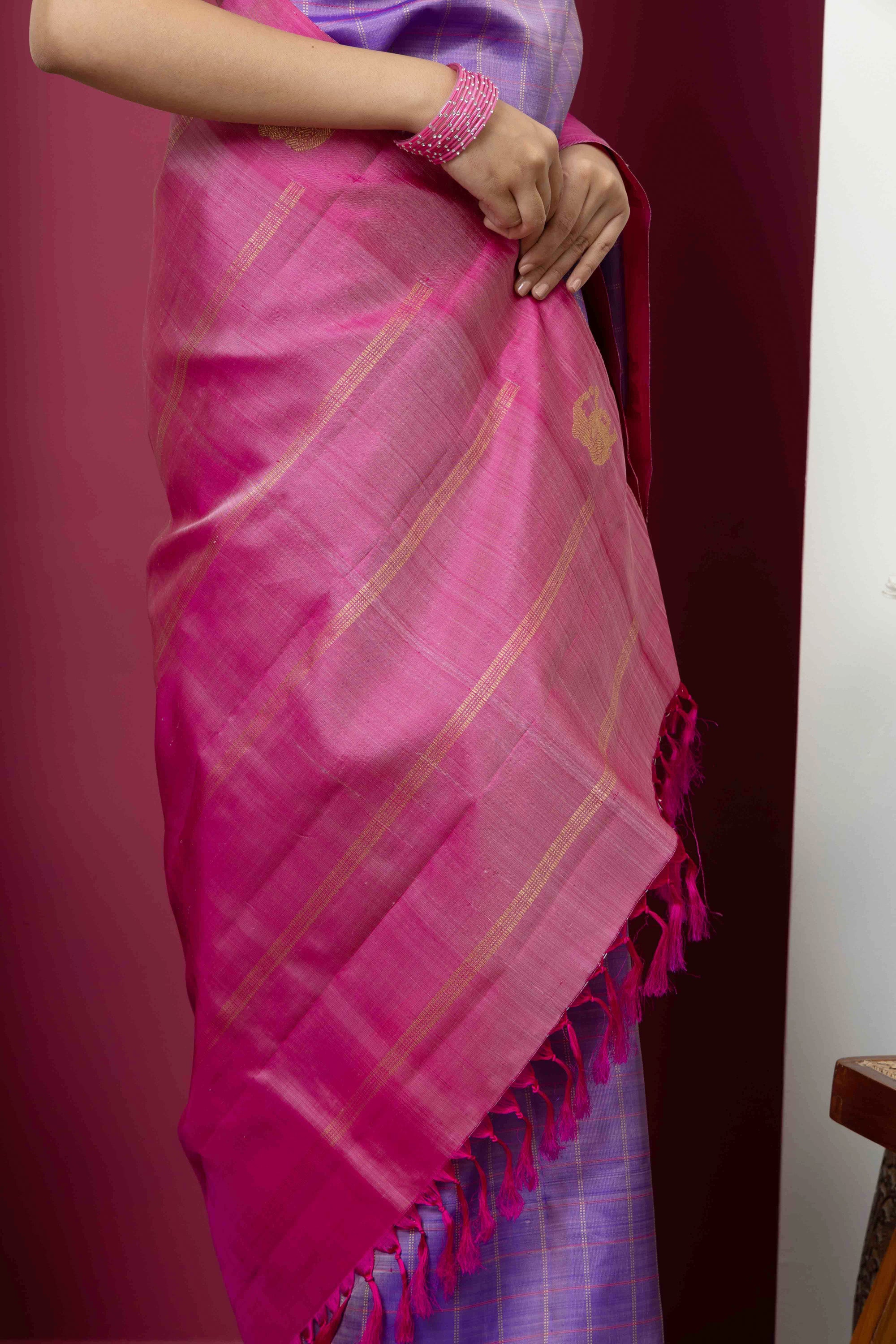 Kanjivaram handloom pure silk pure zari saree with lavender body and contrast pink border and pallu