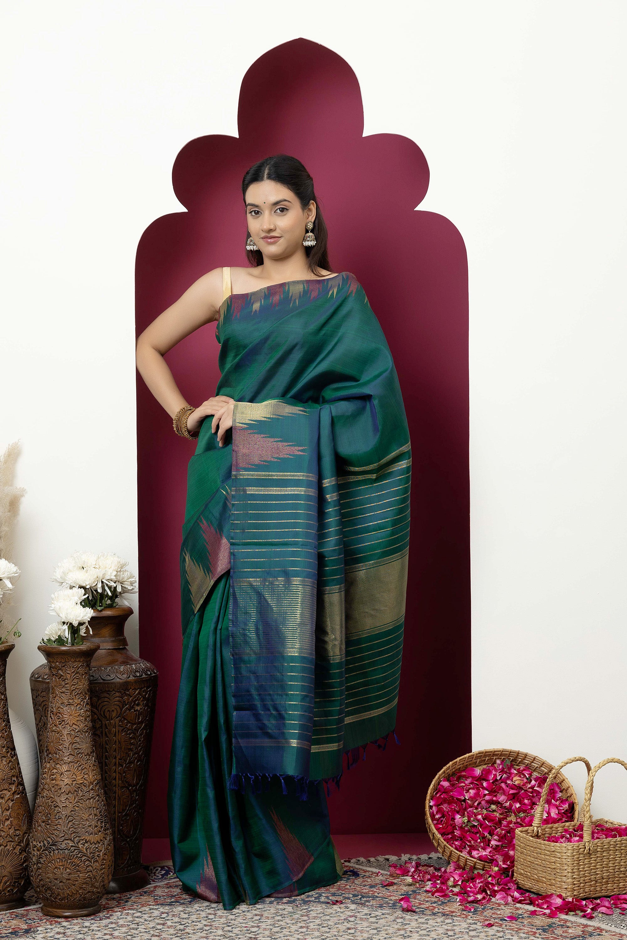 Kanjivaram handloom pure silk pure zari bottle green sari with zari on border and pallu