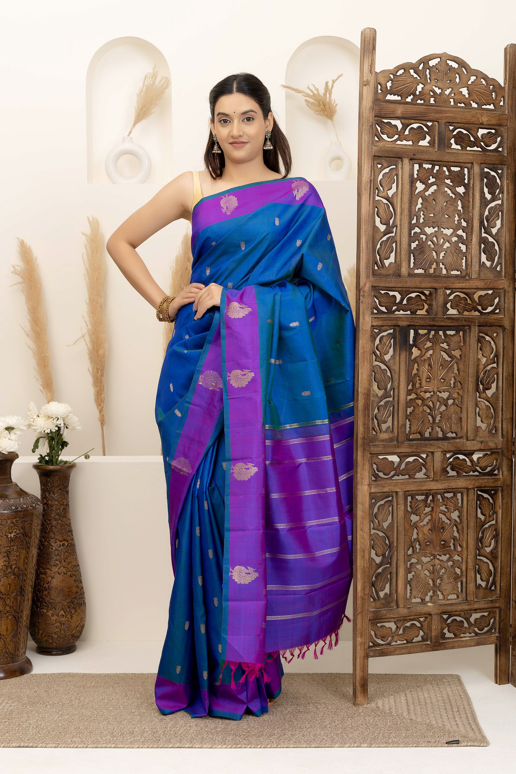 Kanjivaram handloom pure silk pure zari turquoise blue sari with contrast purple border and border and pallu