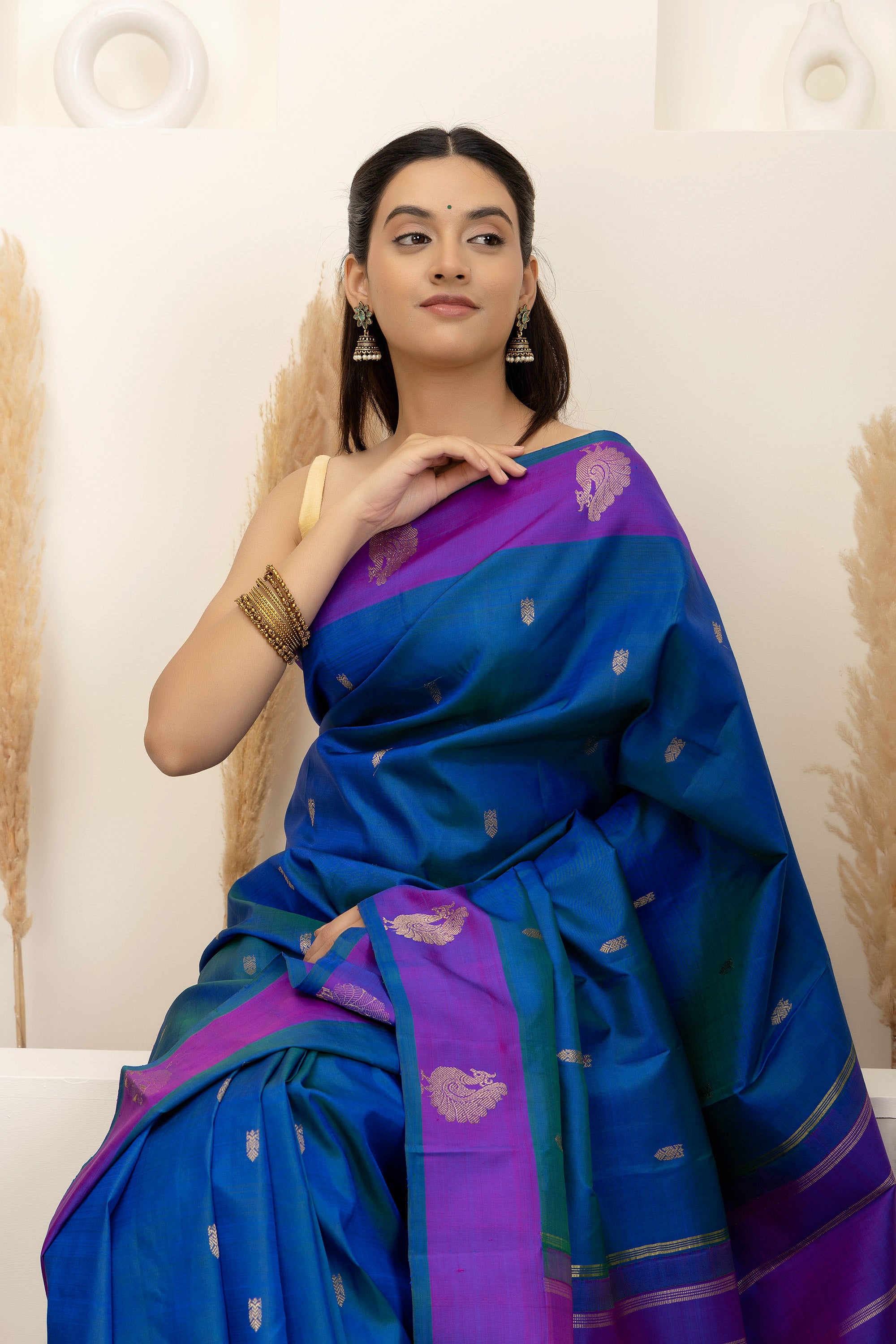 Kanjivaram handloom pure silk pure zari turquoise blue sari with contrast purple border and border and pallu