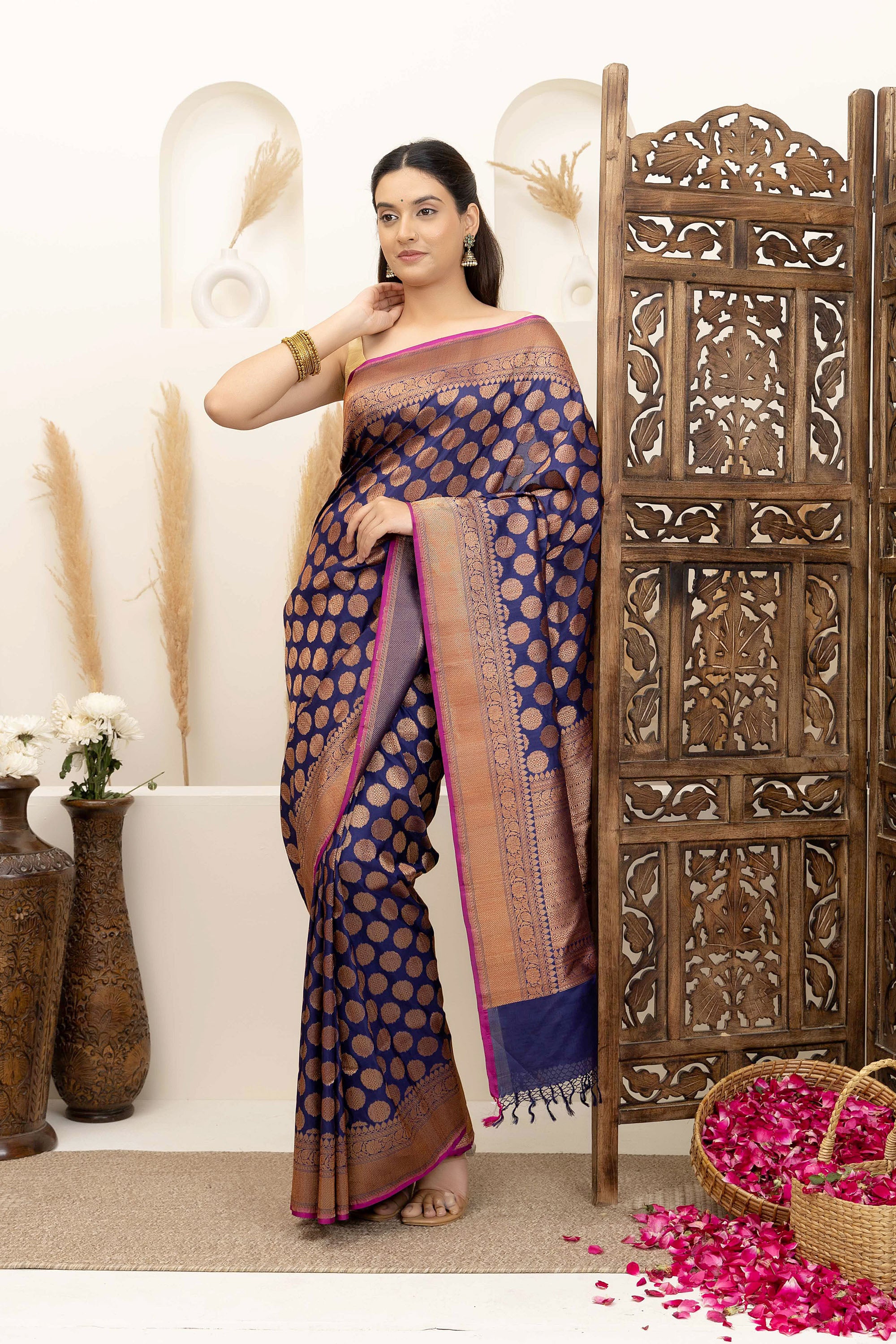 Banarasi Handloom deep blue pure katan silk saree with beautiful bronze zari motif all over and zari border and pallu