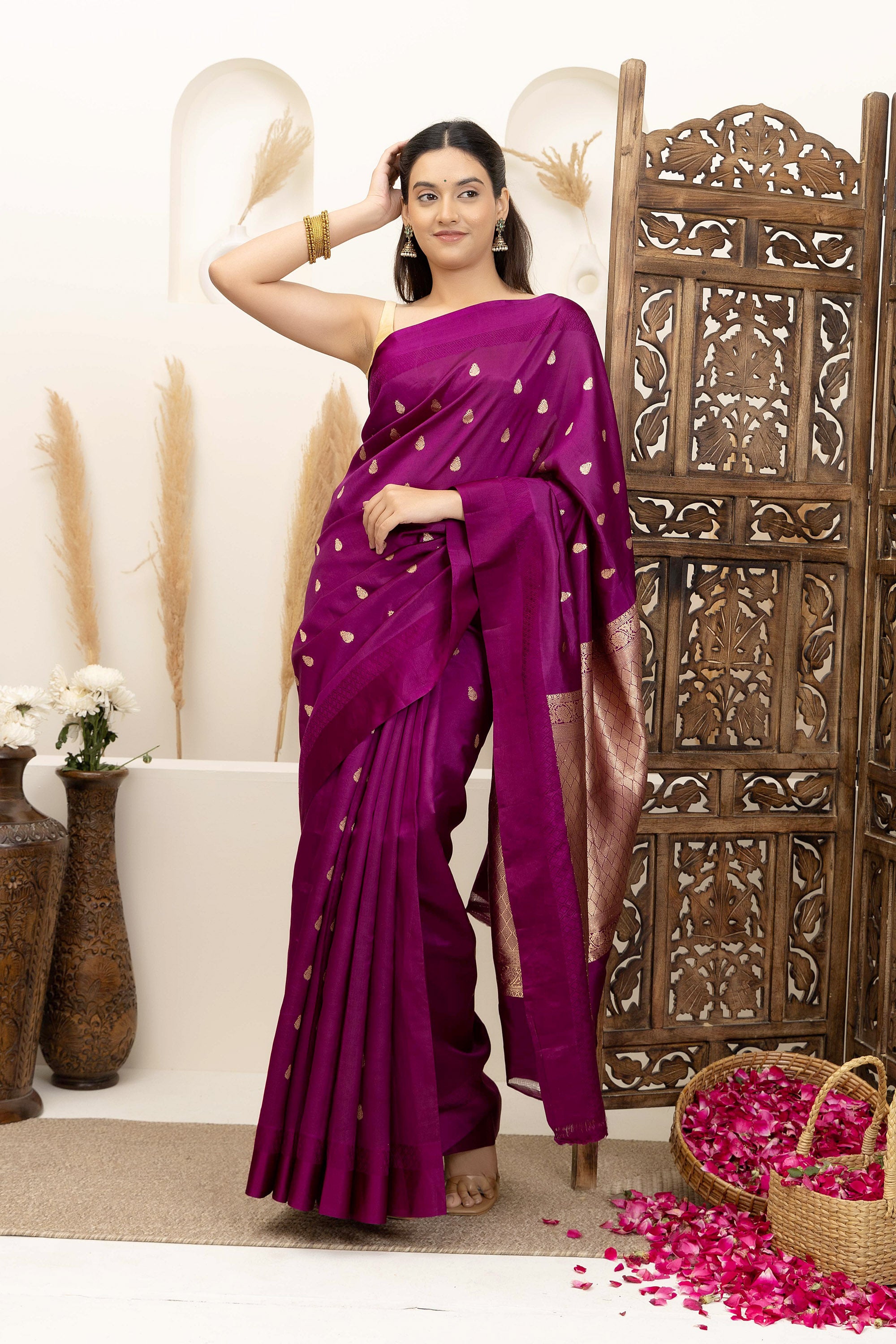 Banarasi Handloom pure silk wine /deep magenta saree with small bute all over , self silk border and zari border