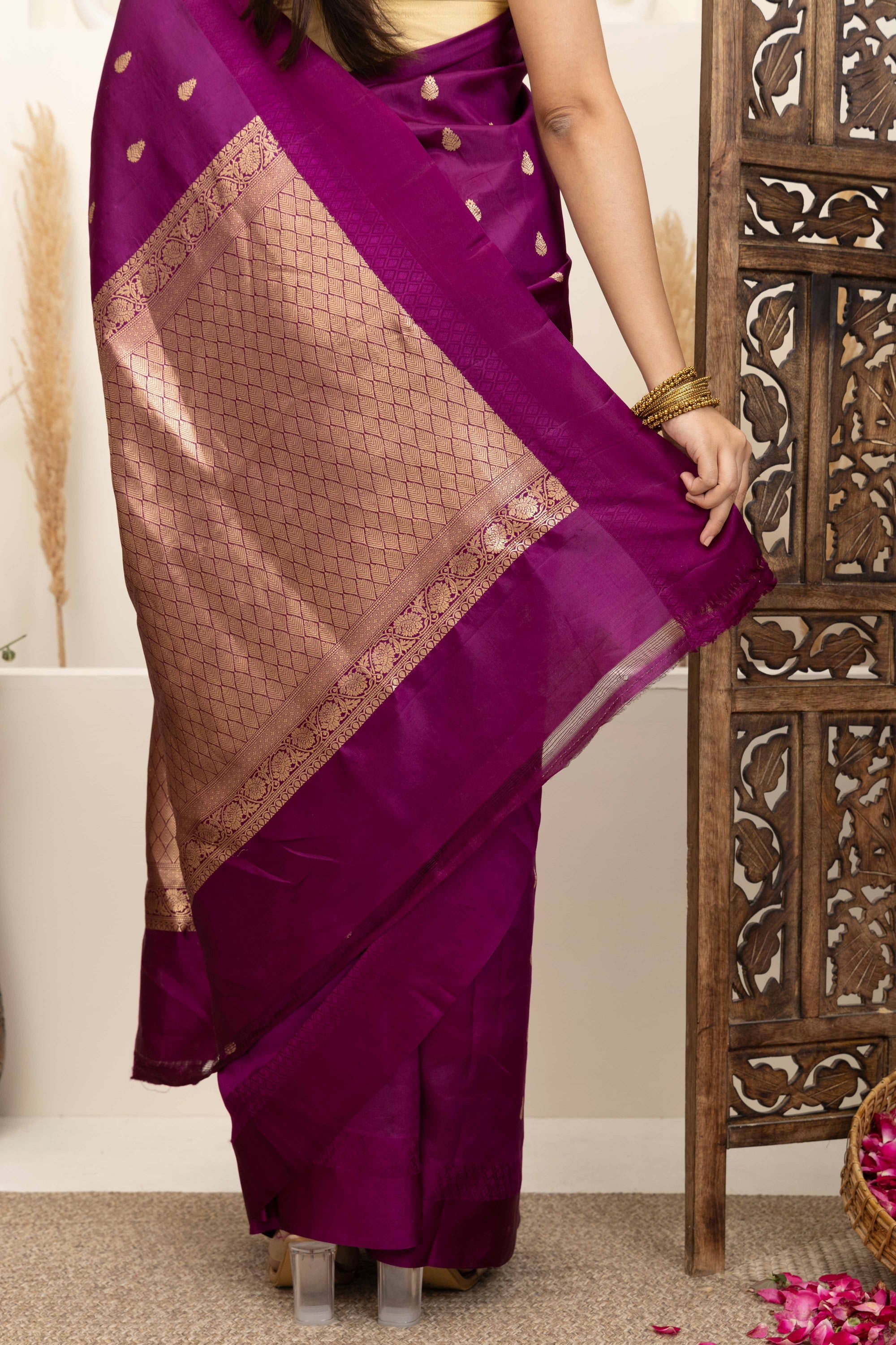 Banarasi Handloom pure silk wine /deep magenta saree with small bute all over , self silk border and zari border