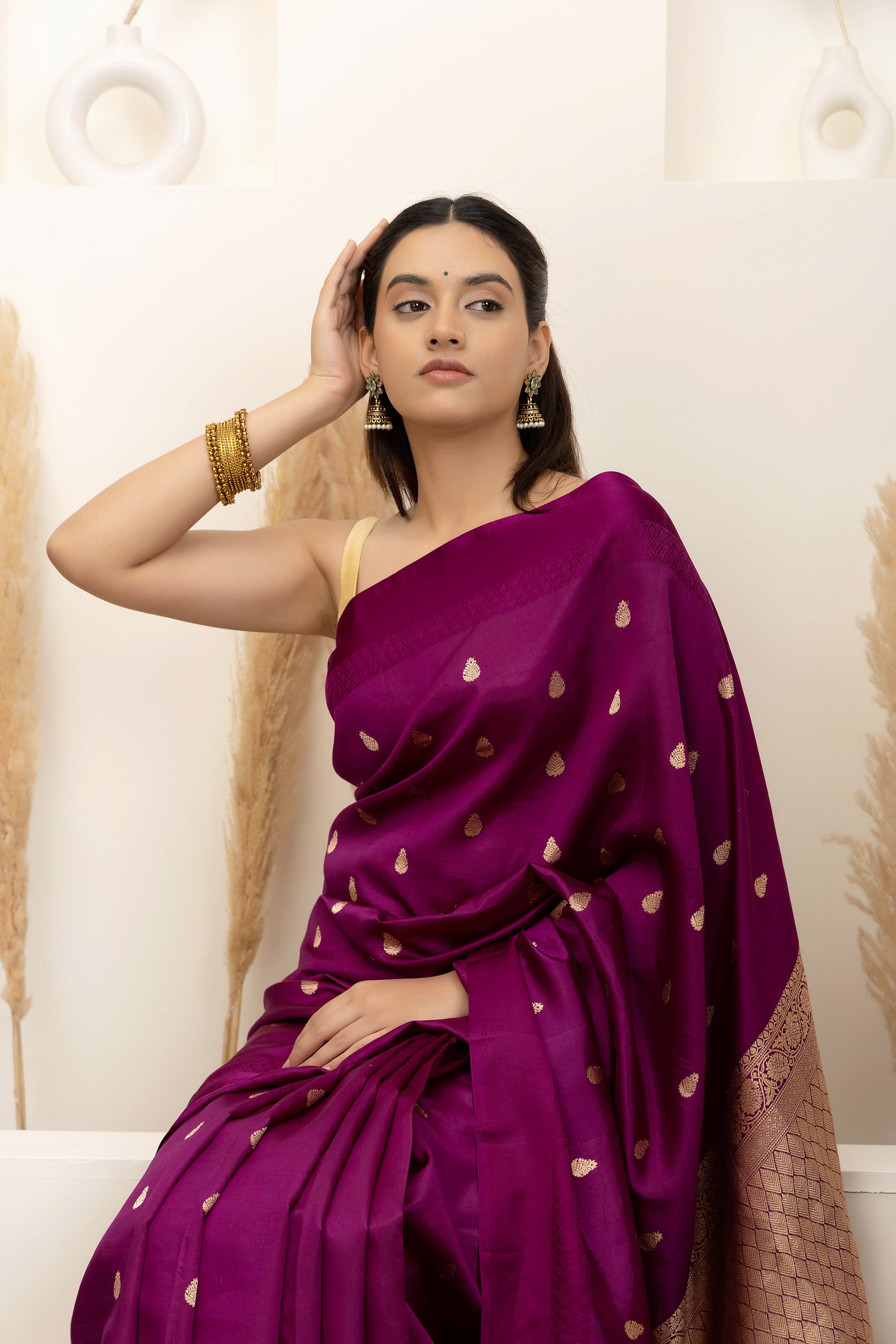 Banarasi Handloom pure silk wine /deep magenta saree with small bute all over , self silk border and zari border