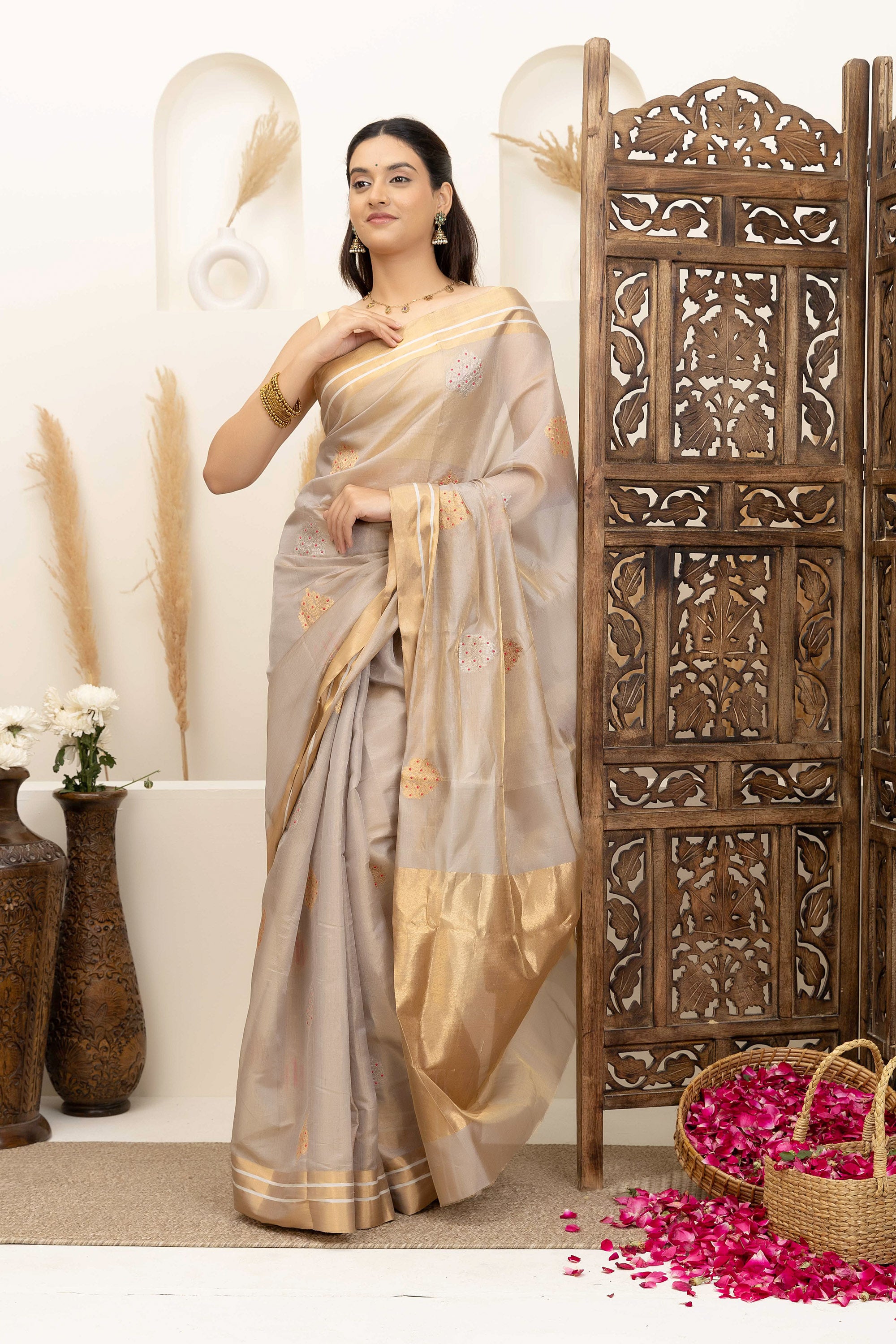 Chanderi handwoven pure silk tissue saree in natural silk beige colour, with large bute all over with meenakari work, zari border and pallu