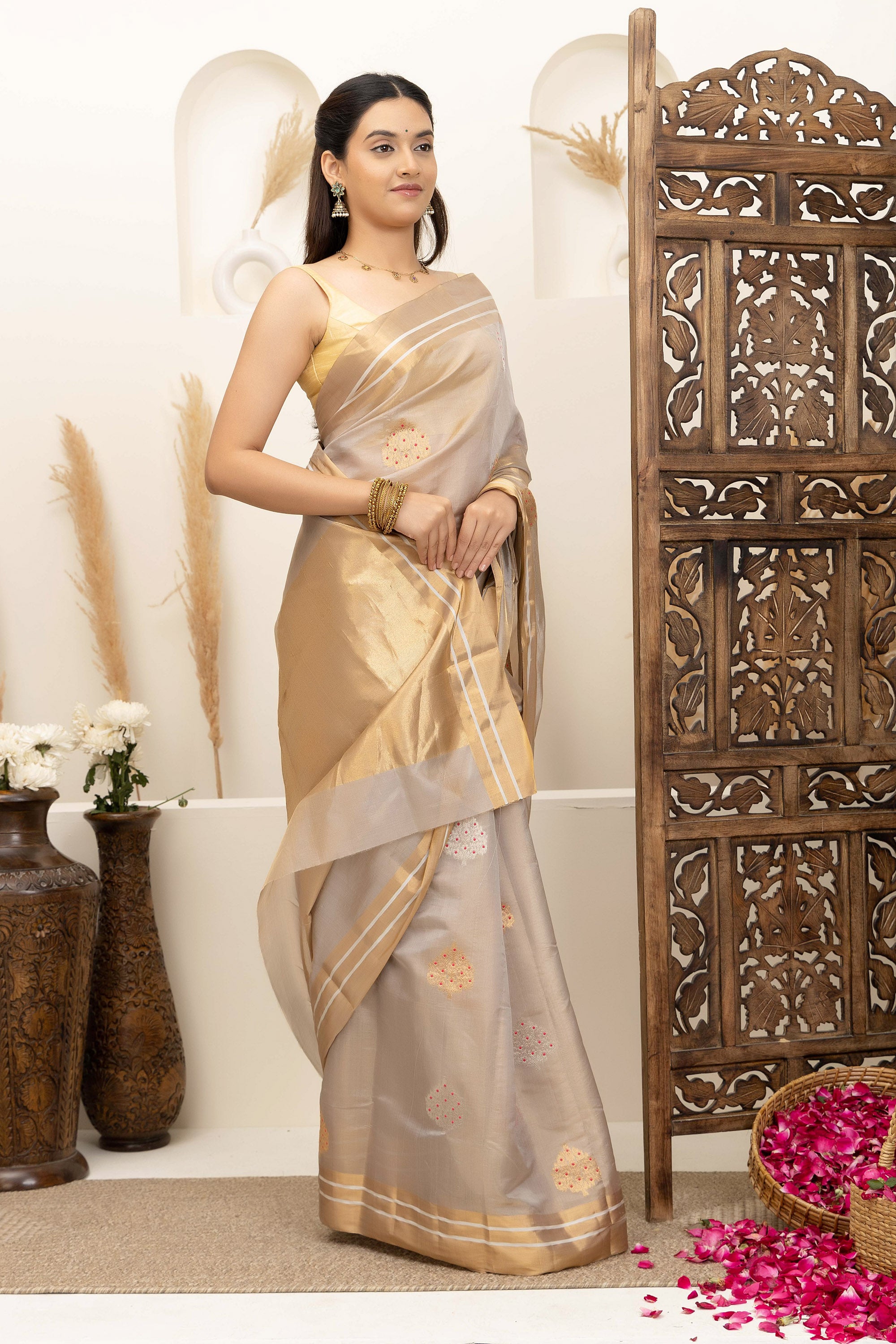 Chanderi handwoven pure silk tissue saree in natural silk beige colour, with large bute all over with meenakari work, zari border and pallu