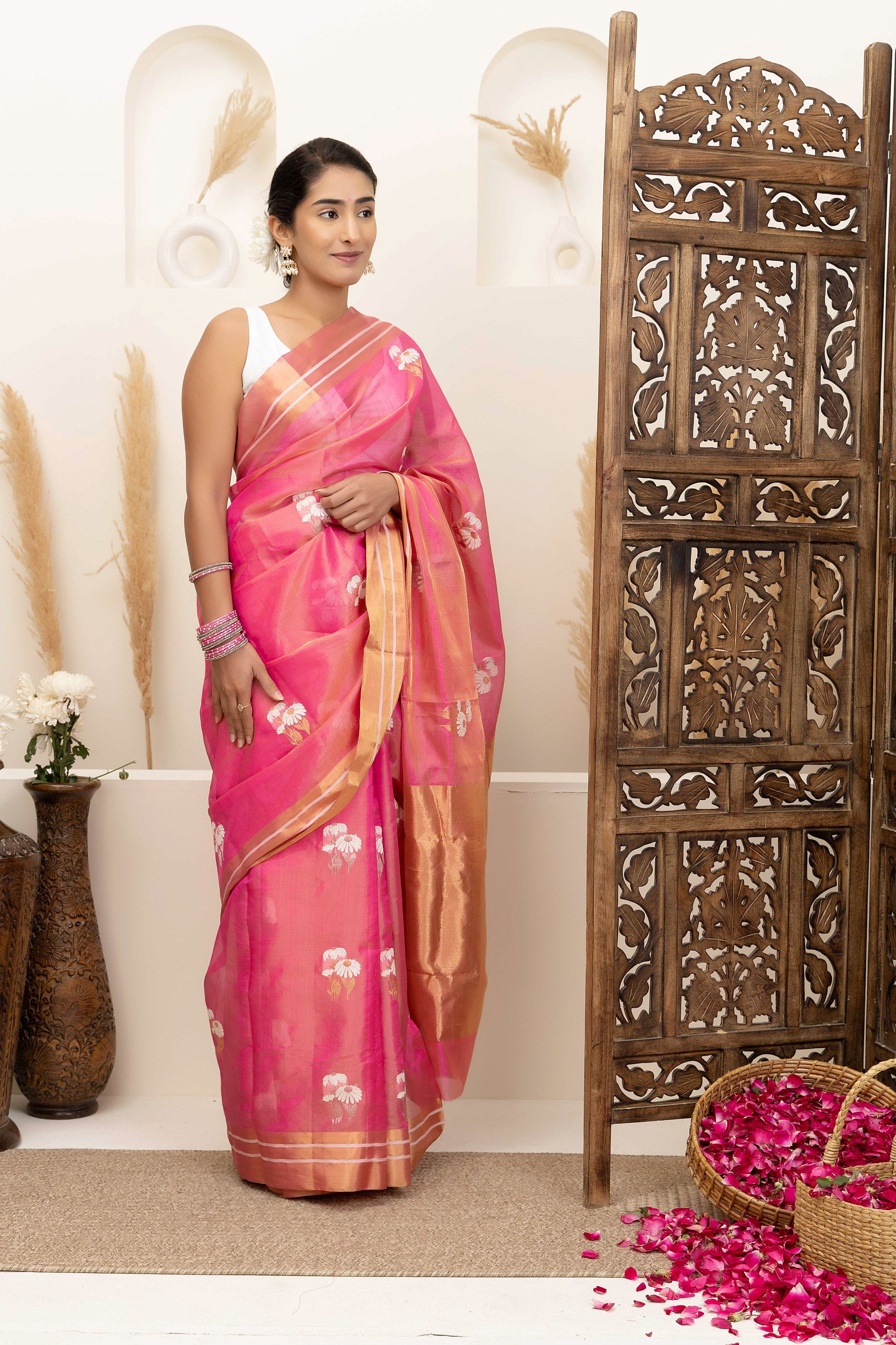 Chanderi handwoven pink pure silk tissue saree with large bute all over with meenakari work, zari border and pallu