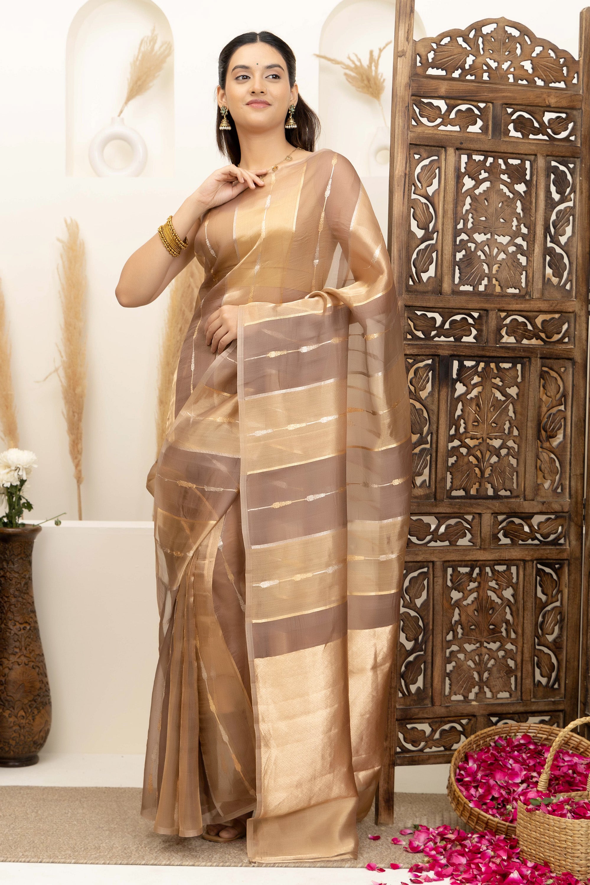 Banarasi Handloom pure Tissue silk brown-golden saree, zari motif vertical stripes all over and a zari pallu