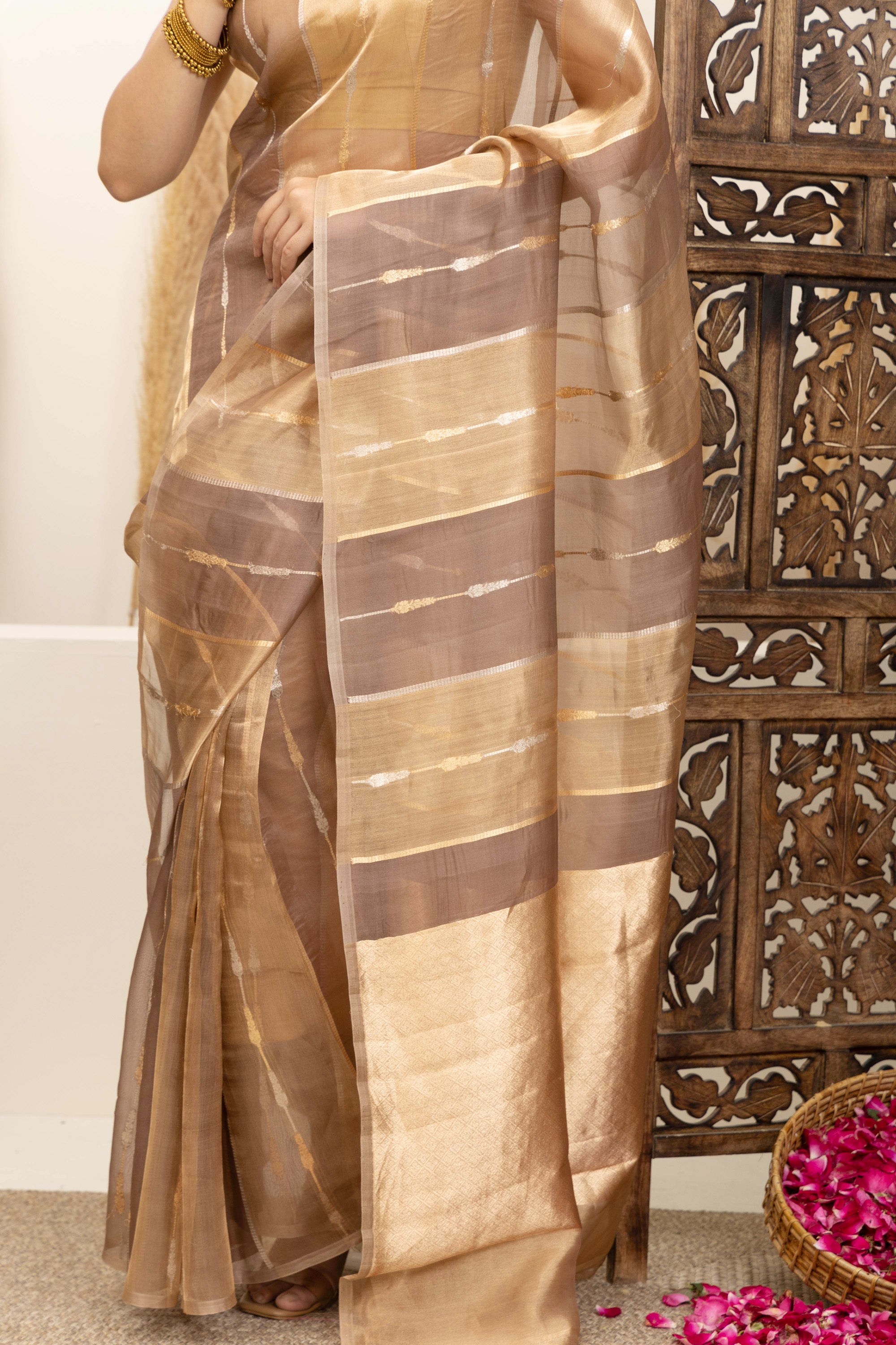 Banarasi Handloom pure Tissue silk brown-golden saree, zari motif vertical stripes all over and a zari pallu