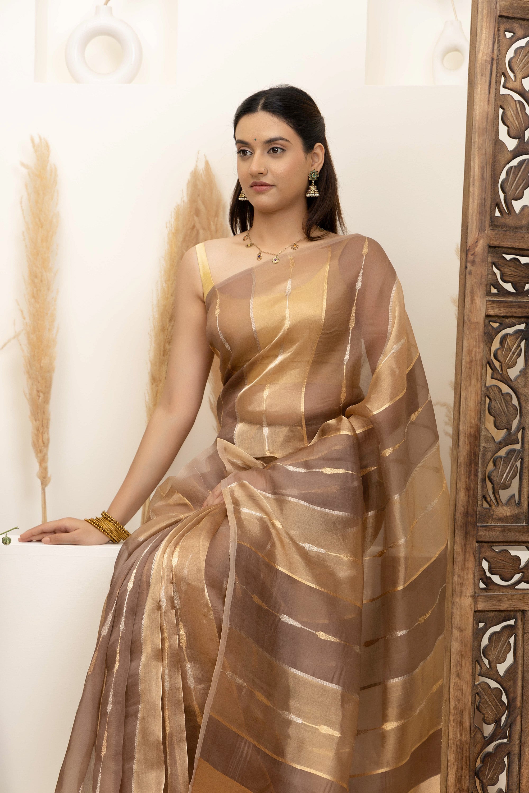 Banarasi Handloom pure Tissue silk brown-golden saree, zari motif vertical stripes all over and a zari pallu