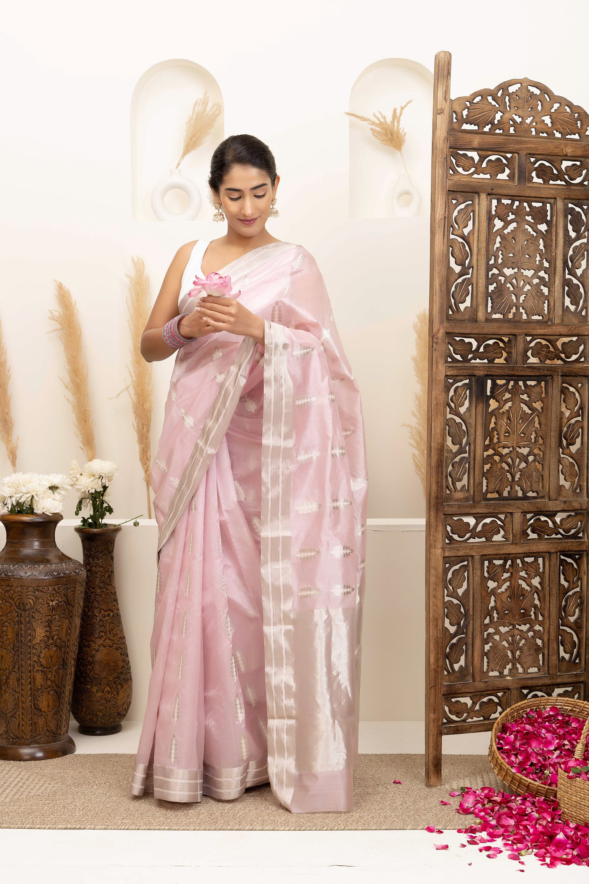 Chanderi handwoven blush pink pure silk saree with large bute all over, zari border and pallu
