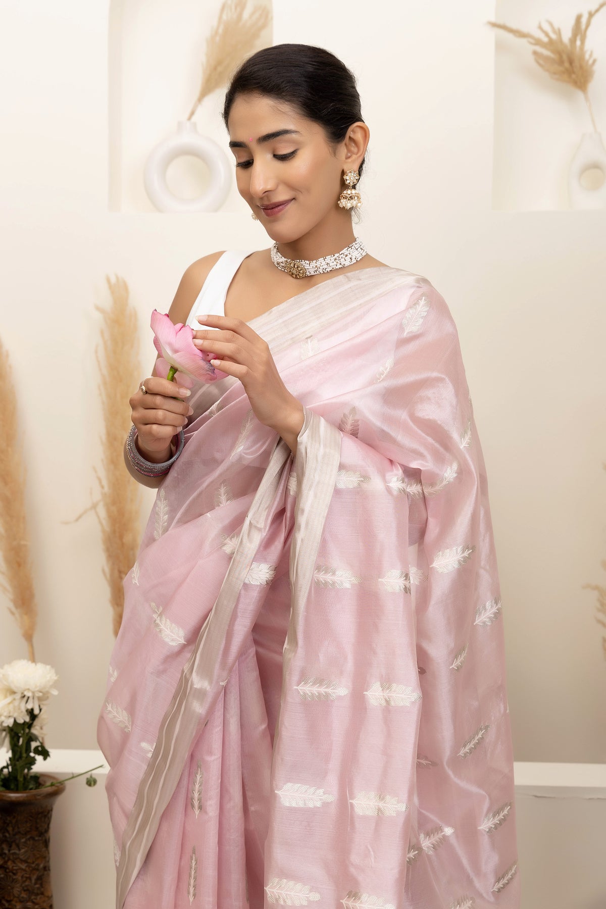 Chanderi handwoven blush pink pure silk saree with large bute all over, zari border and pallu