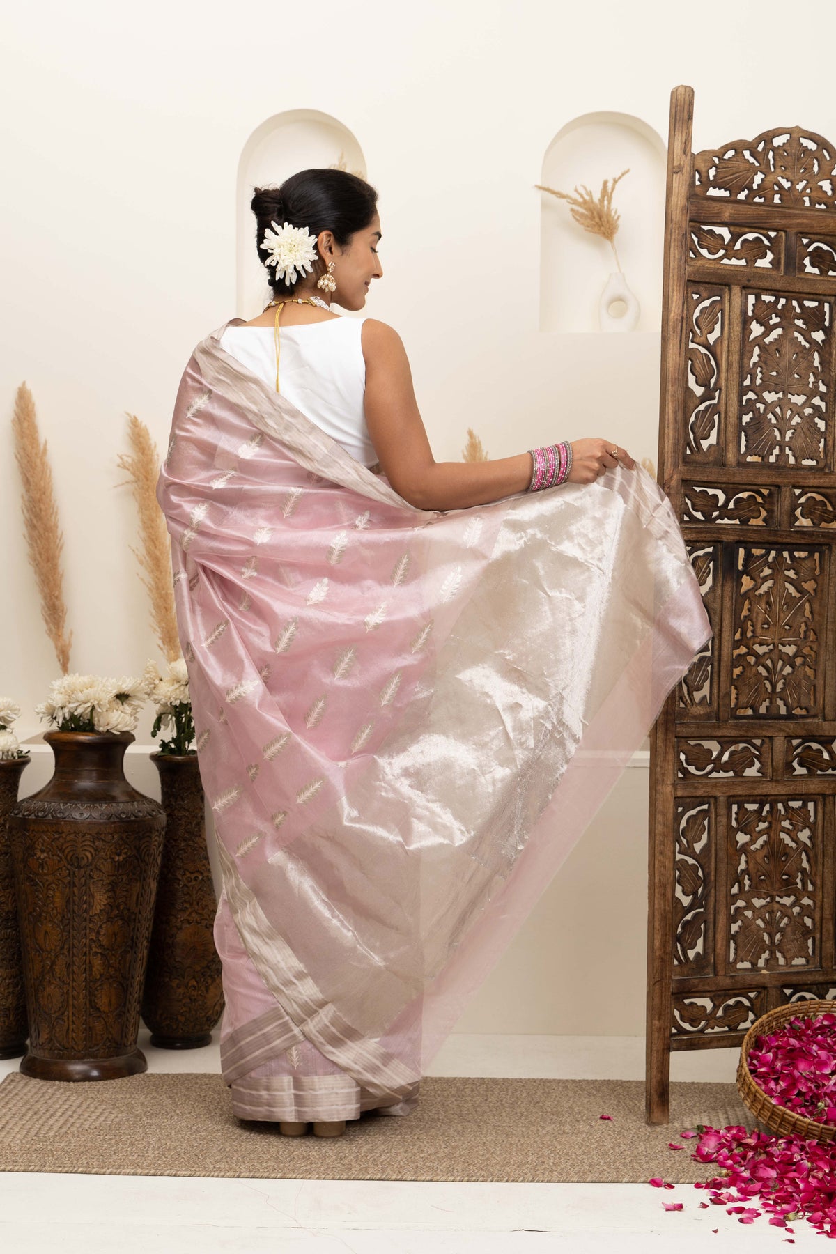 Chanderi handwoven blush pink pure silk saree with large bute all over, zari border and pallu