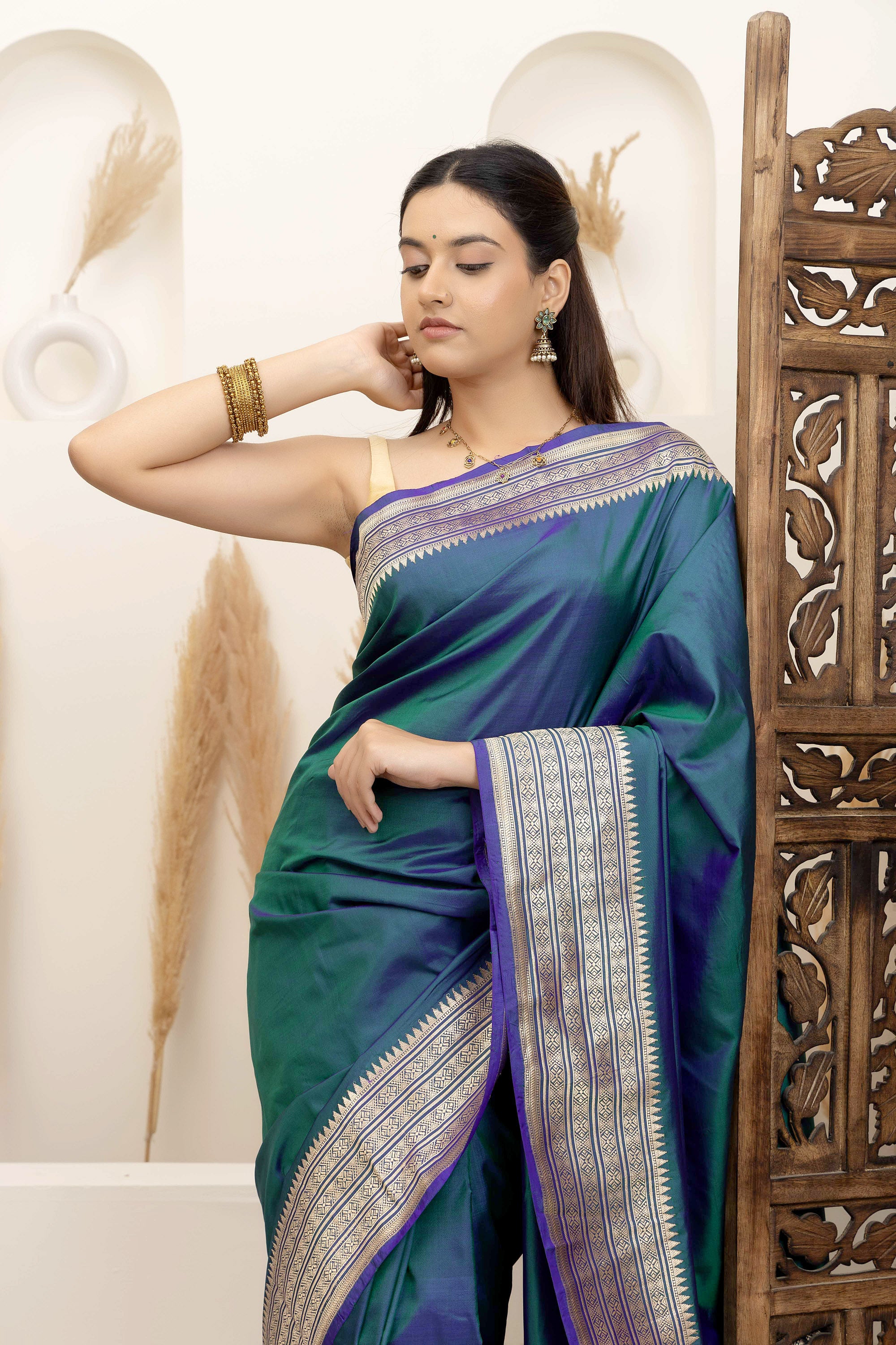 Banarasi Handloom pure silk blue-green saree, zari border and pallu and plain silk body