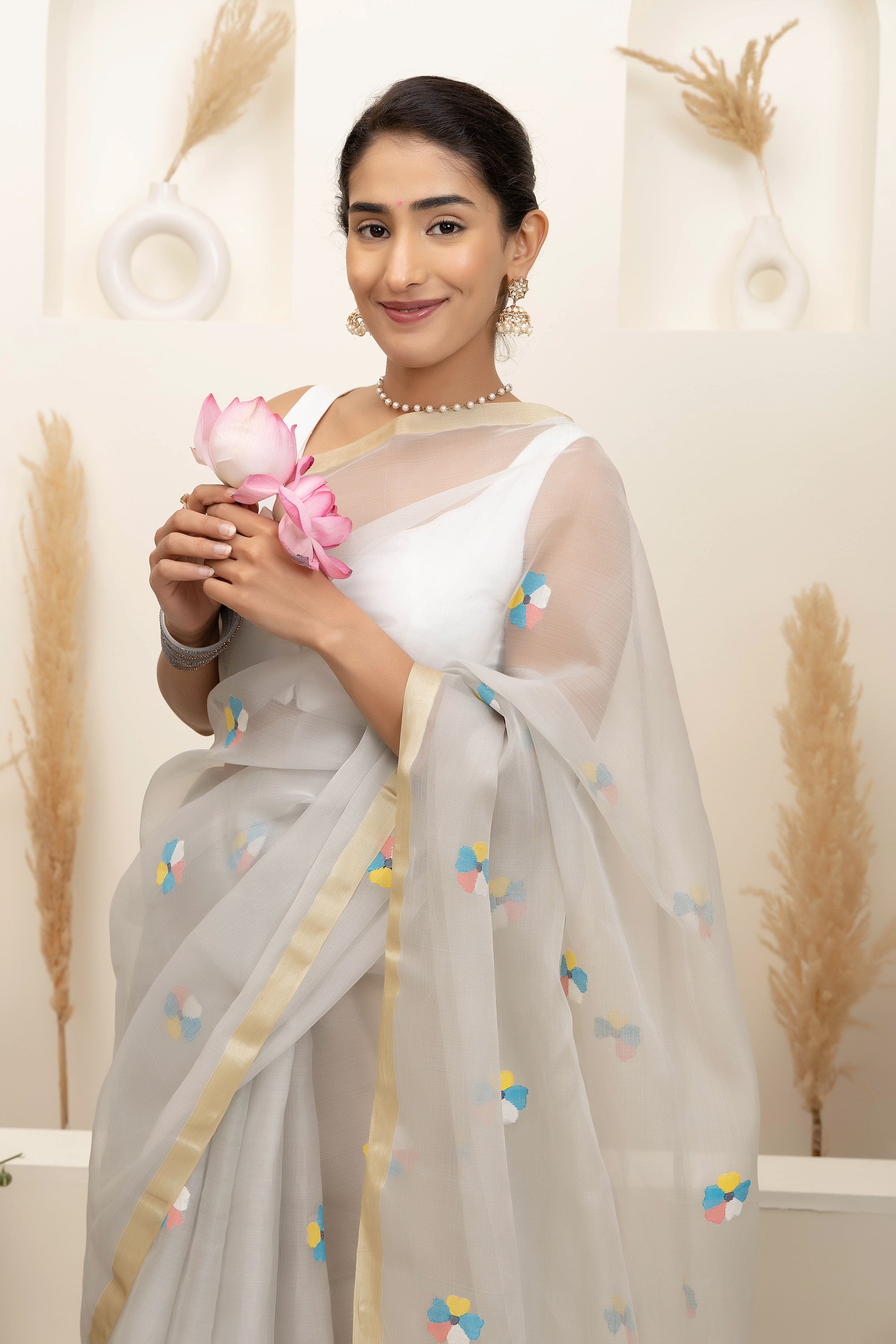 Jamdani Handloom pure mul silk off-white saree, with small bute all over and thread weave heavy pallu