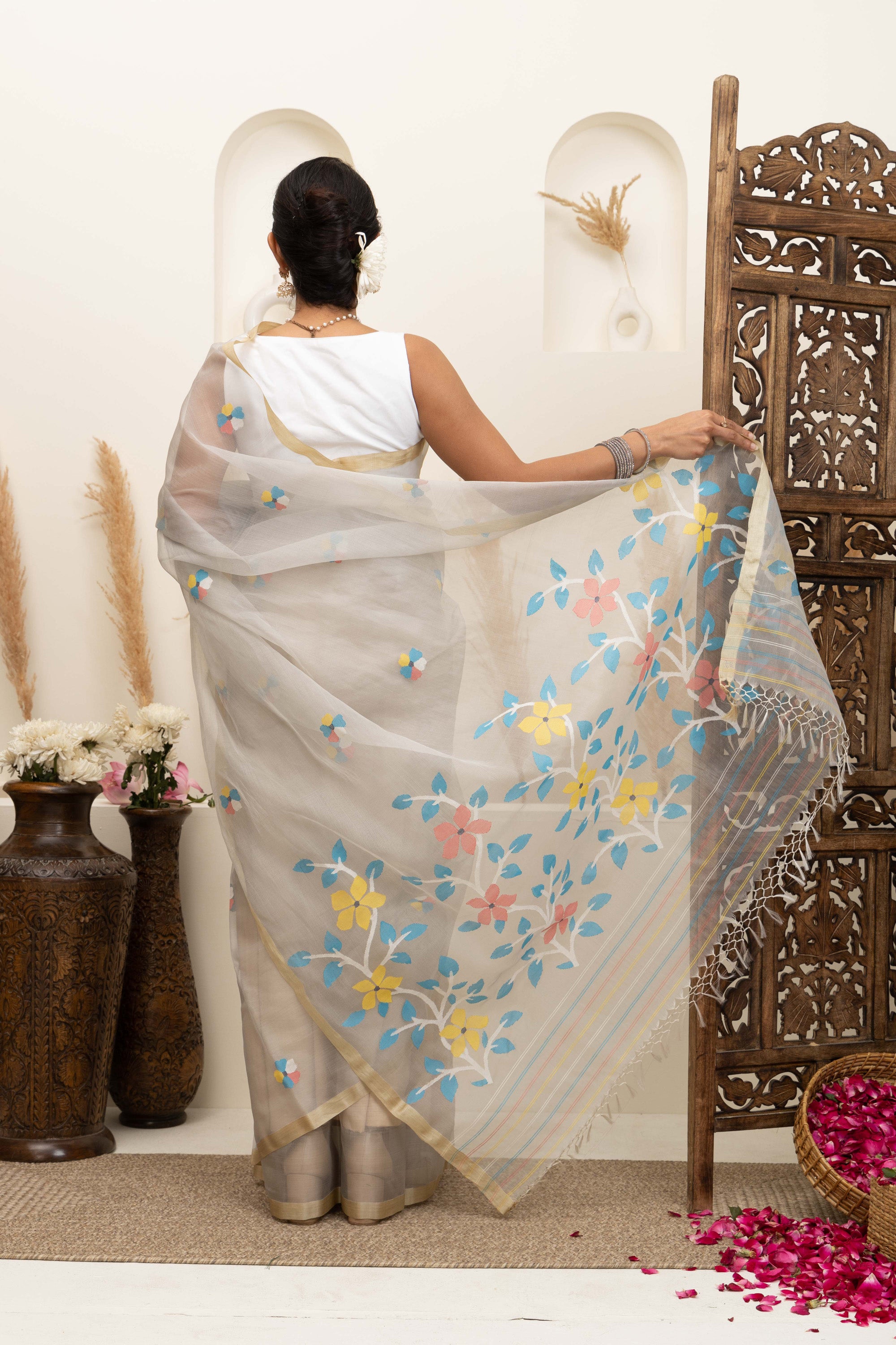 Jamdani Handloom pure mul silk off-white saree, with small bute all over and thread weave heavy pallu
