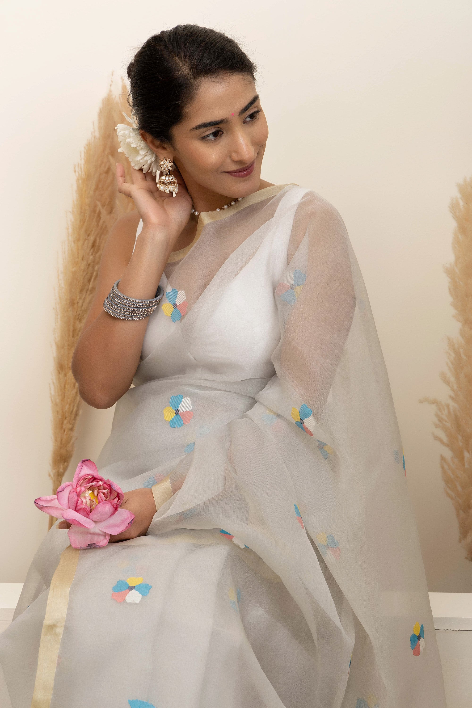 Jamdani Handloom pure mul silk off-white saree, with small bute all over and thread weave heavy pallu