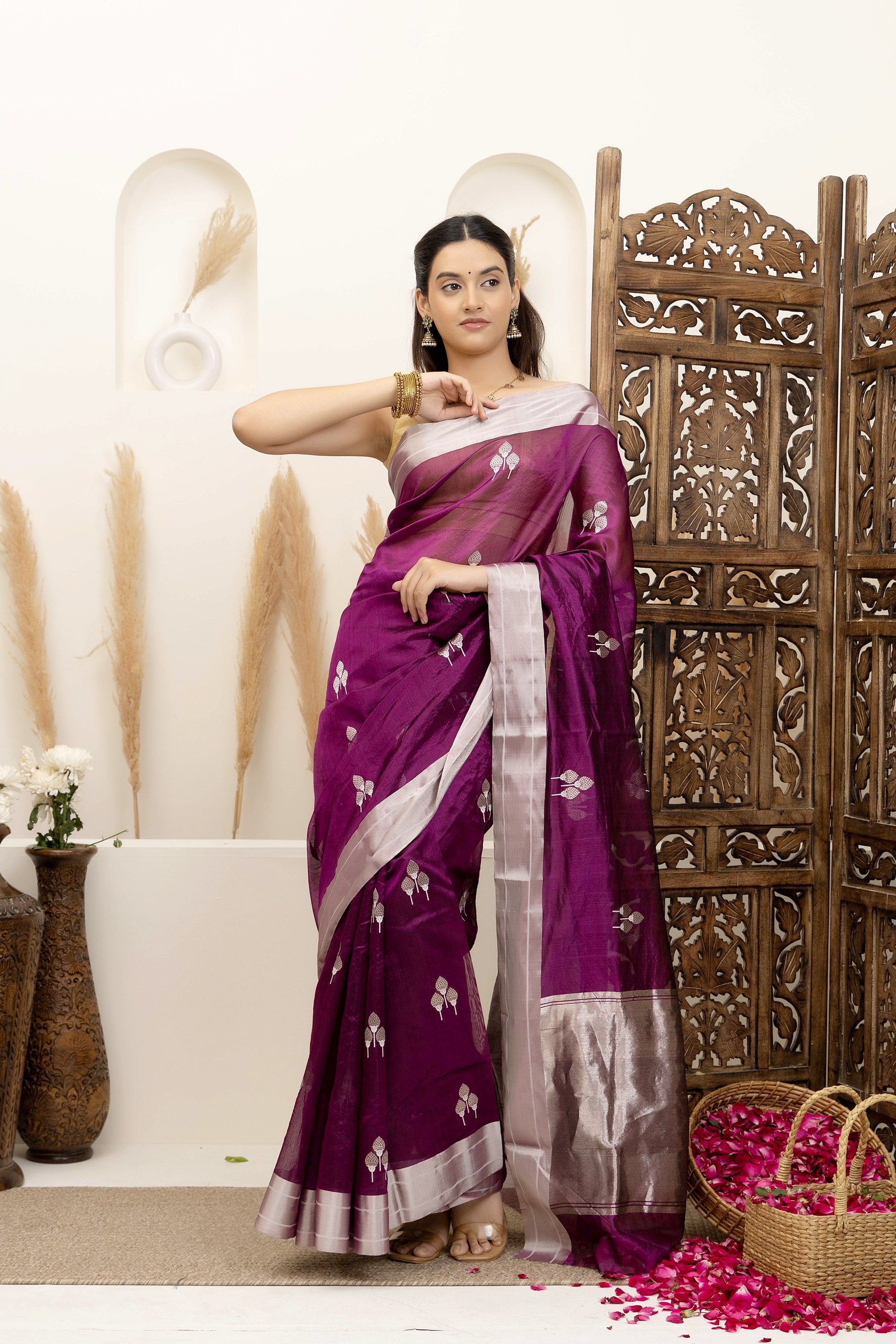 Chanderi handwoven pure silk deep magenta saree with large bute deign all over, zari, border and pallu