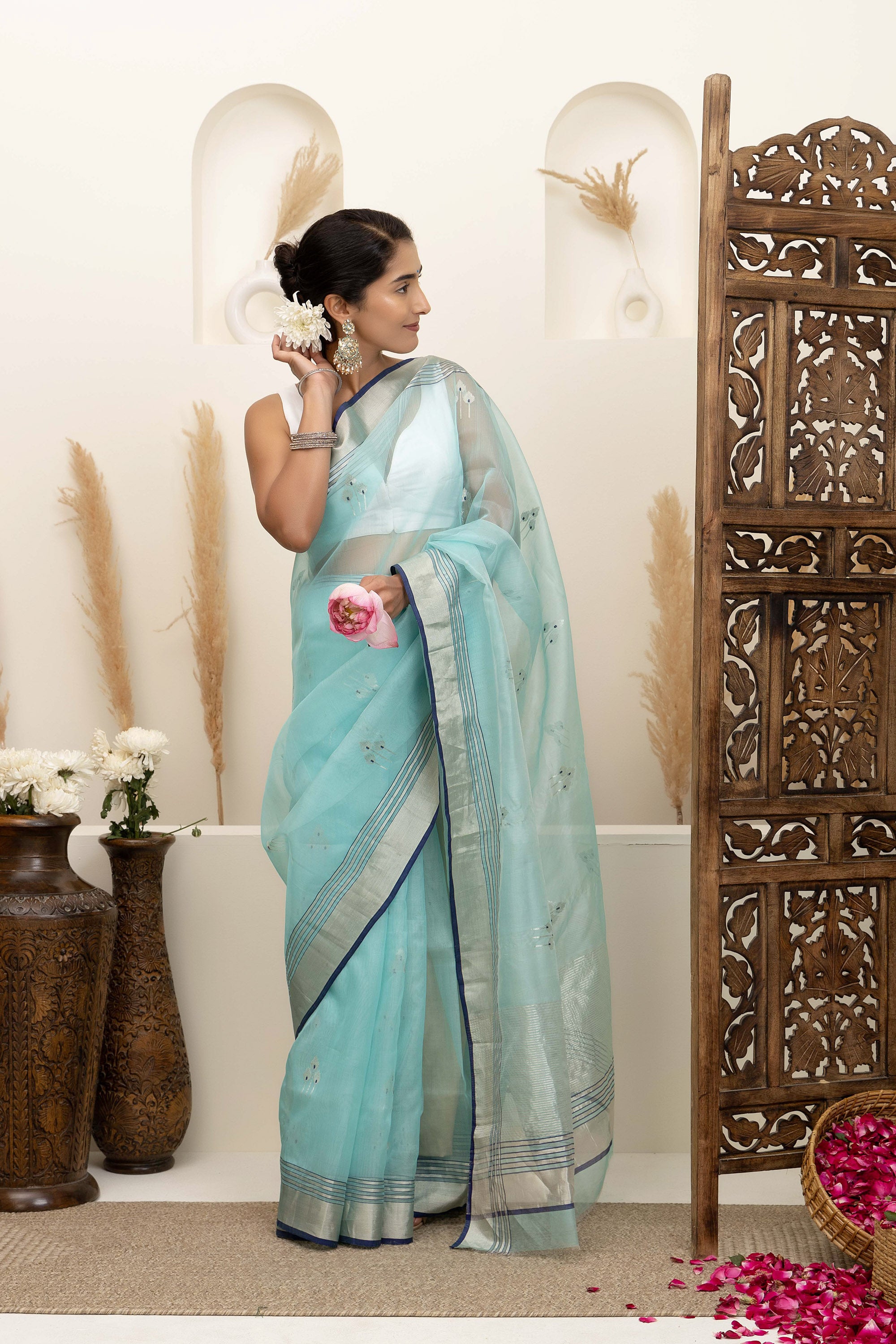 Chanderi handwoven pure silk pastel sea-green saree with large bute design all over, zari, border and pallu