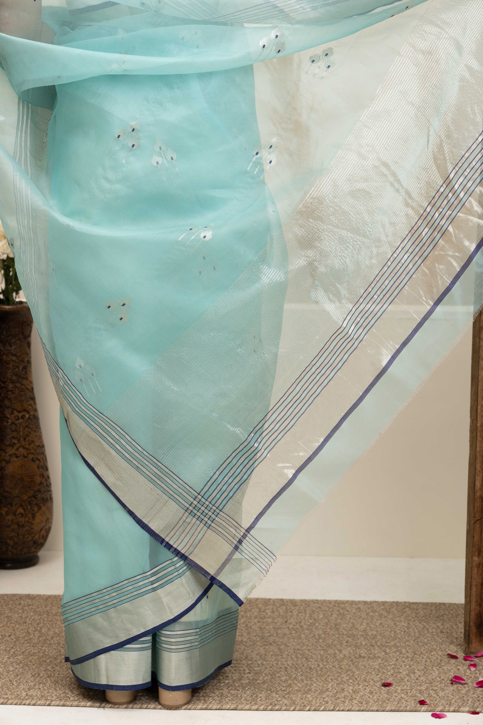 Chanderi handwoven pure silk pastel sea-green saree with large bute design all over, zari, border and pallu