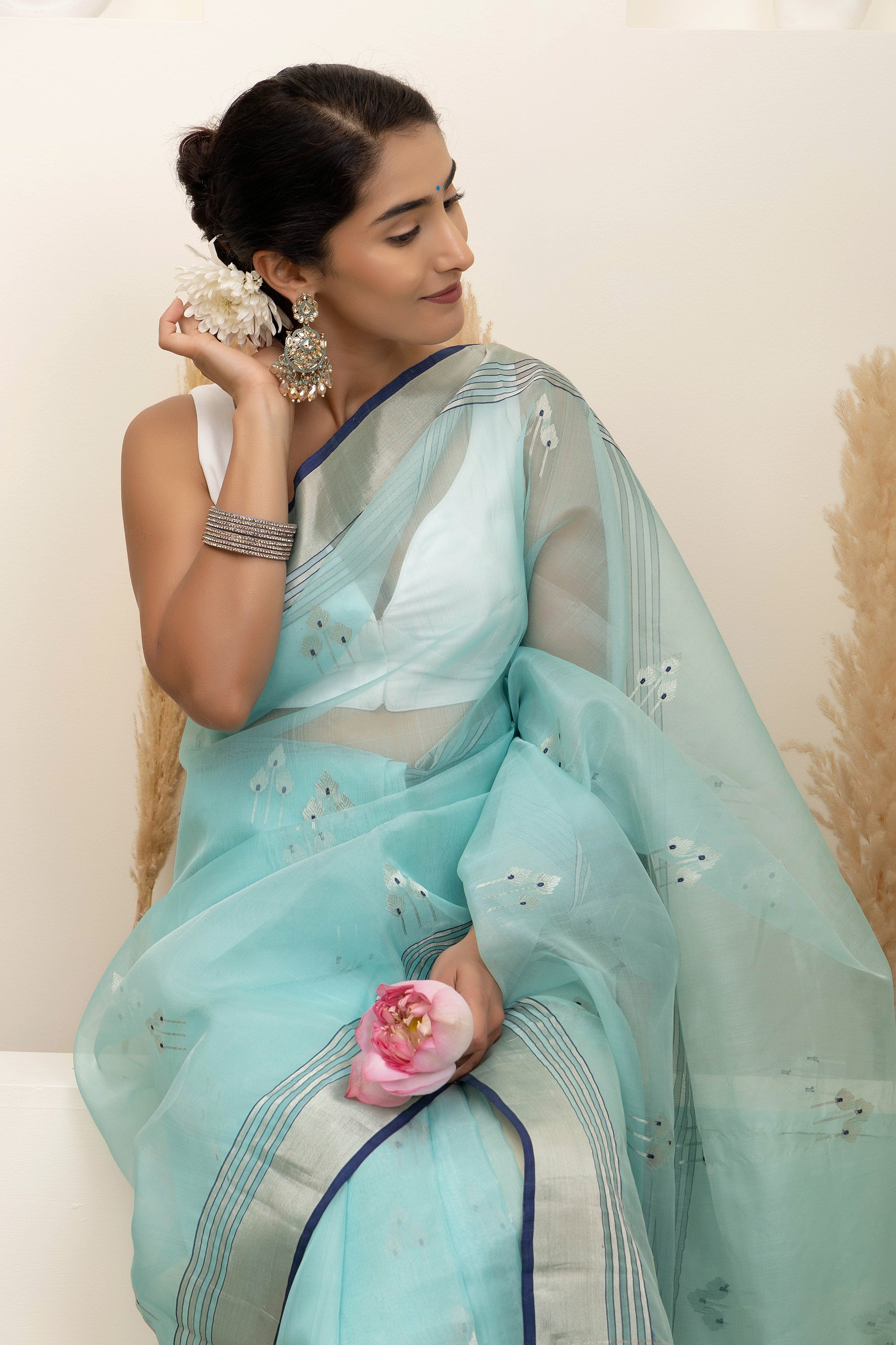 Chanderi handwoven pure silk pastel sea-green saree with large bute design all over, zari, border and pallu