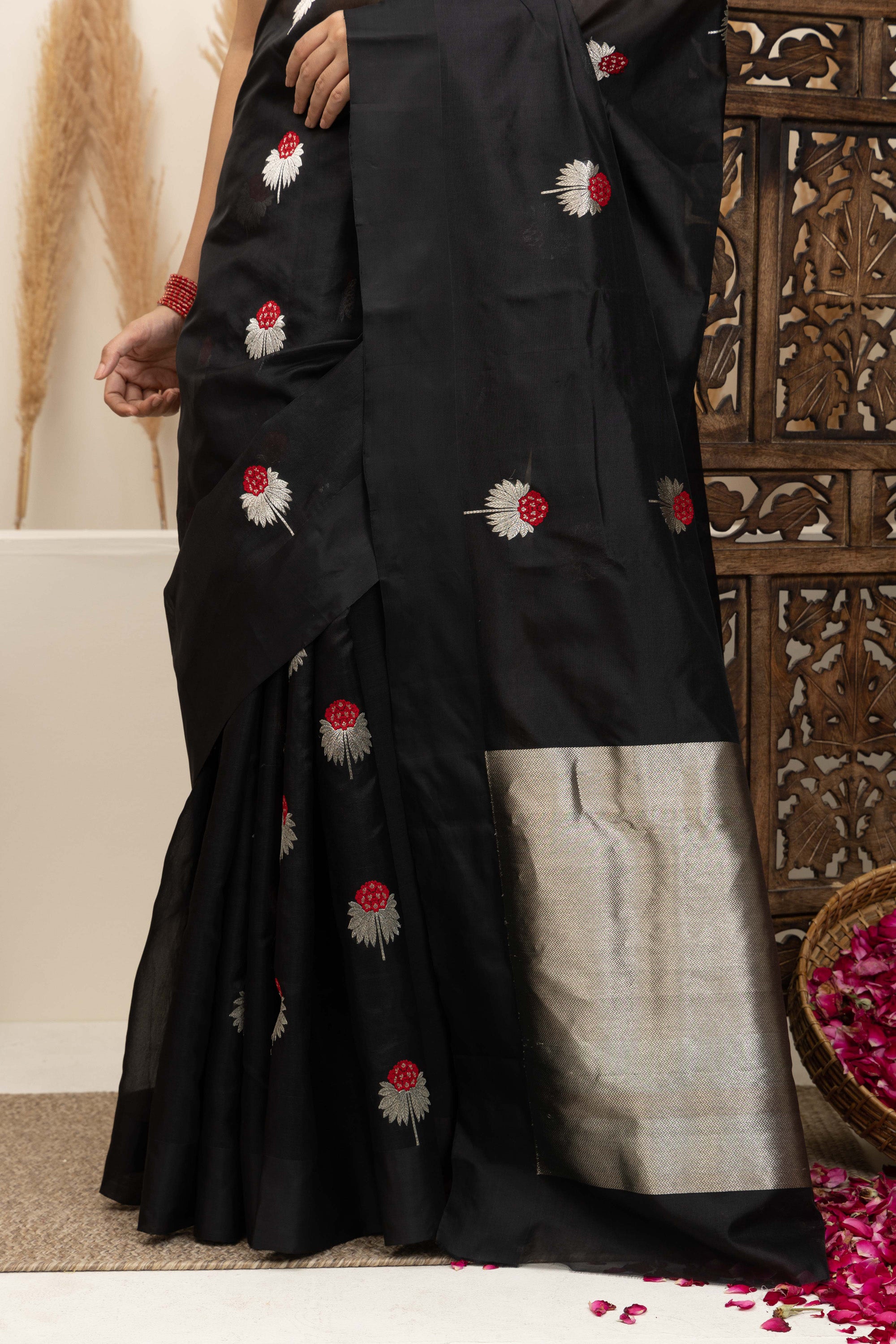 Chanderi handwoven black pure silk saree with large bute all over, self silk border and a zari pallu